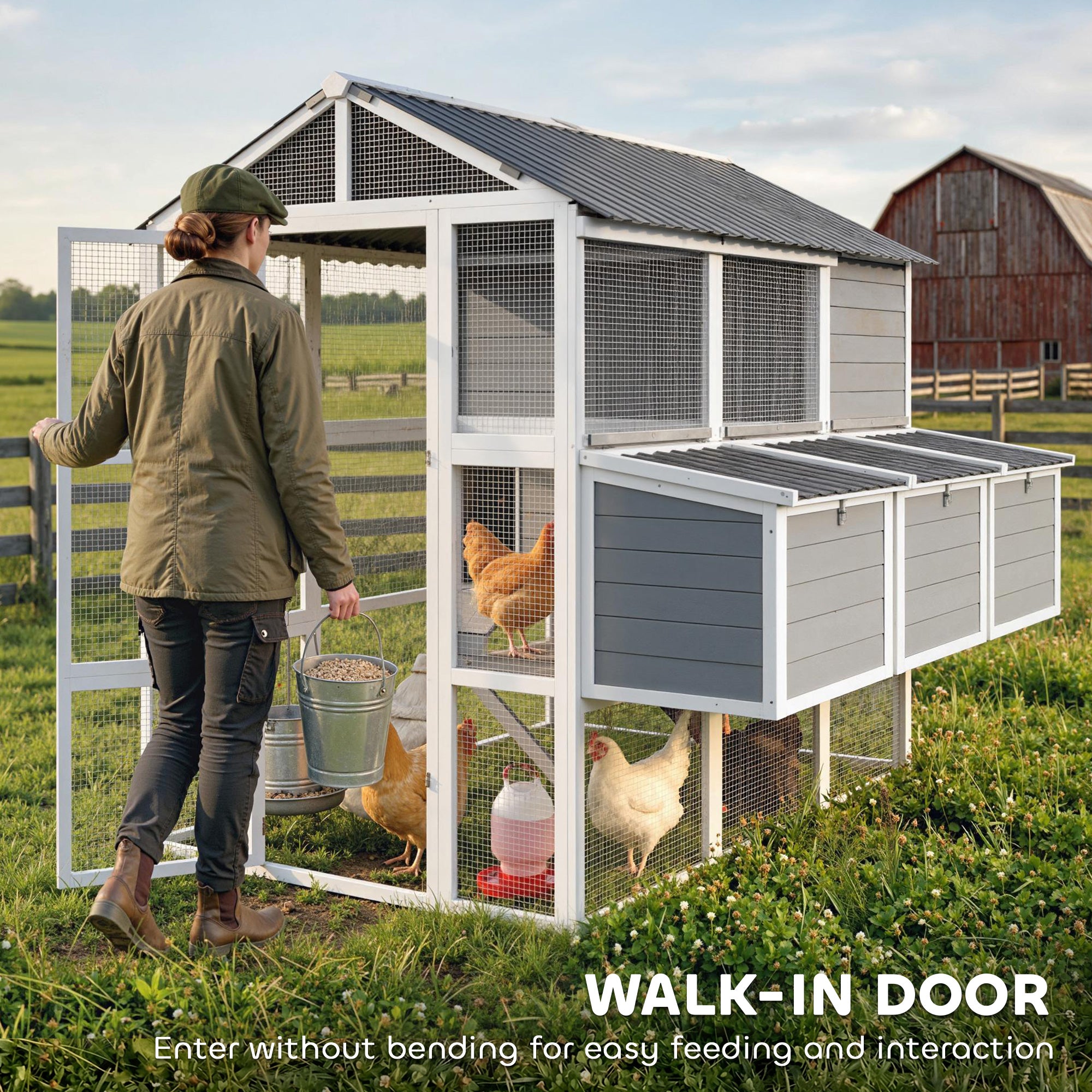 77" Large Chicken Coop for 6-8 Chickens, Outdoor Wooden Hen House Poultry Cage with Run, 3 Nesting Boxes, Waterproof Roof, Removable Tray, Ramp for Farm Backyard, Gray