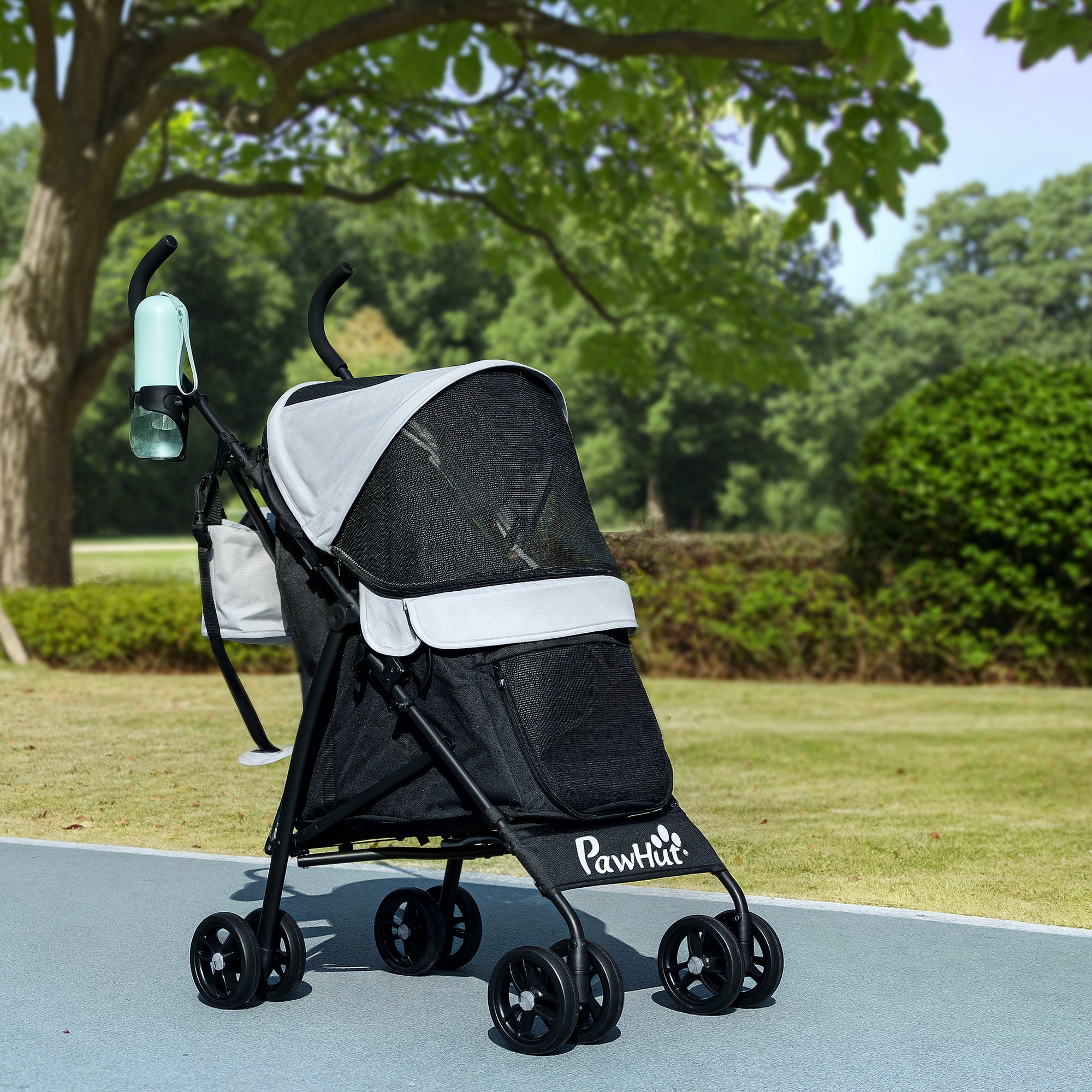 Pet stroller for Miniature Dogs, Foldable Dog Stroller with Shoulder Strap, 4 Wheels Pet Pram with Storage Bag, Cup Holder, Light Grey