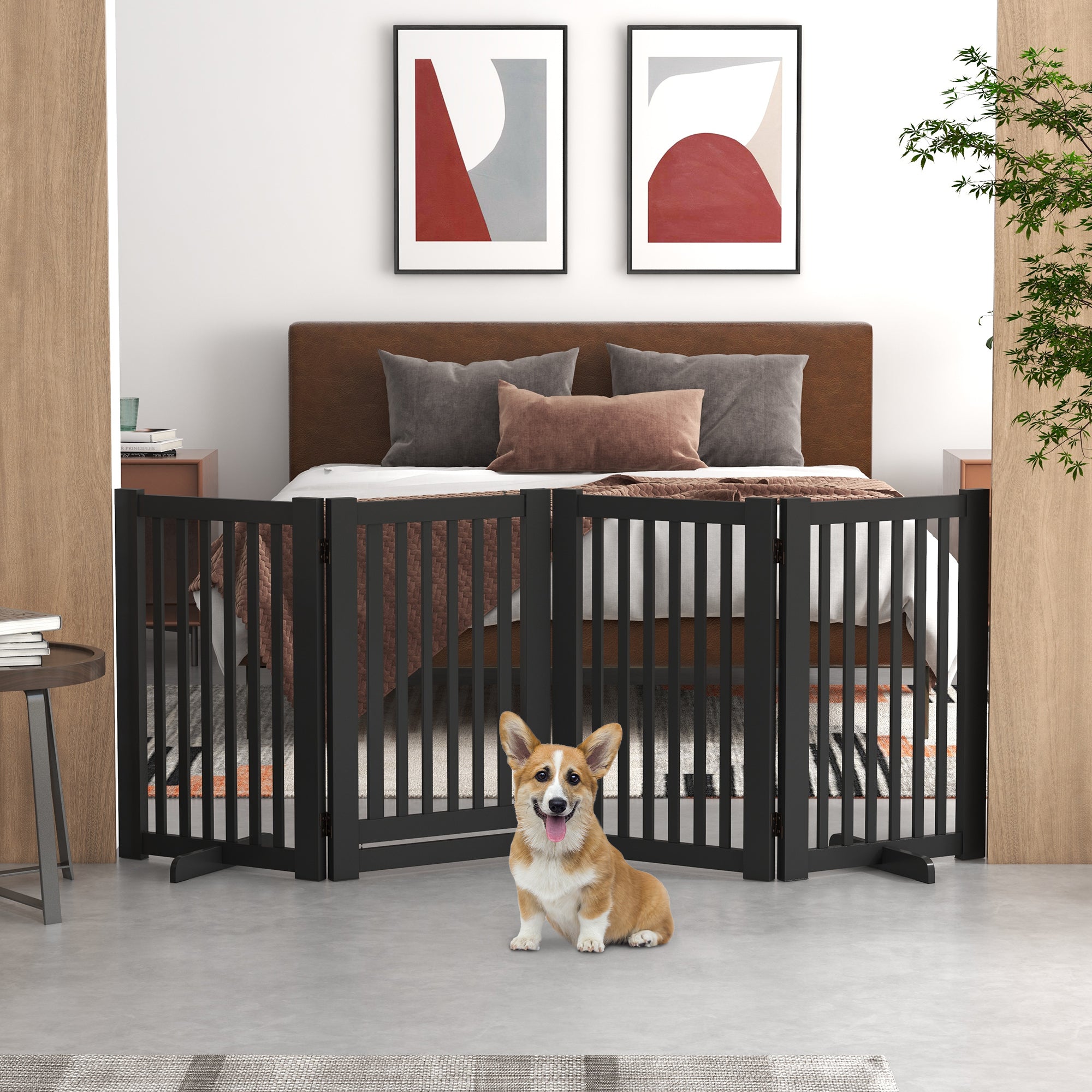 30"H Foldable Dog Gate with Door, 4 Panels Freestanding Pet Gate Barriers Indoor with Support Feet, Puppy Fence for Dogs, Light Grey