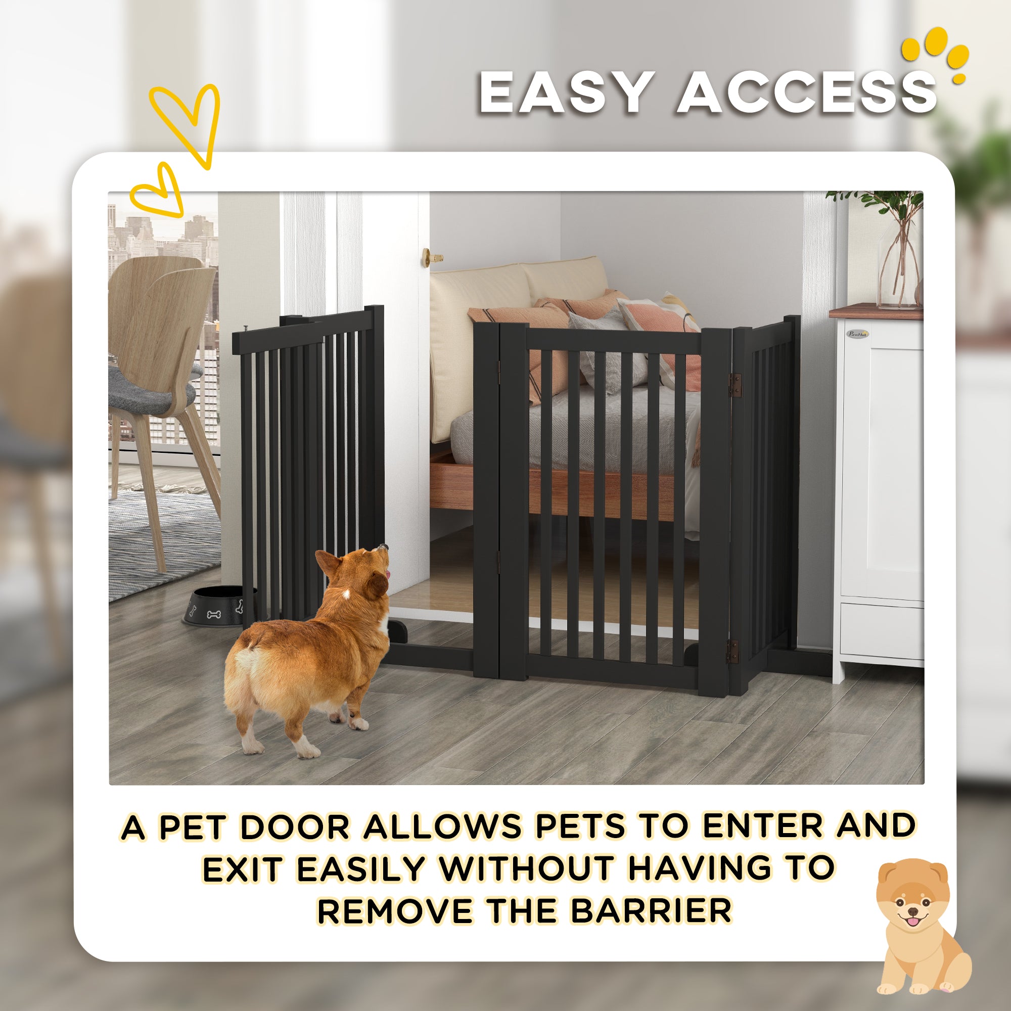 30"H Foldable Dog Gate with Door, 4 Panels Freestanding Pet Gate Barriers Indoor with Support Feet, Puppy Fence for Dogs, Light Grey