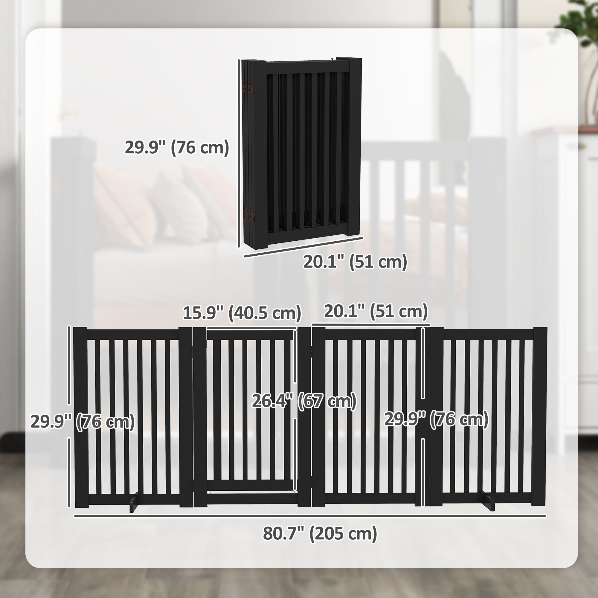 30"H Foldable Dog Gate with Door, 4 Panels Freestanding Pet Gate Barriers Indoor with Support Feet, Puppy Fence for Dogs, Light Grey