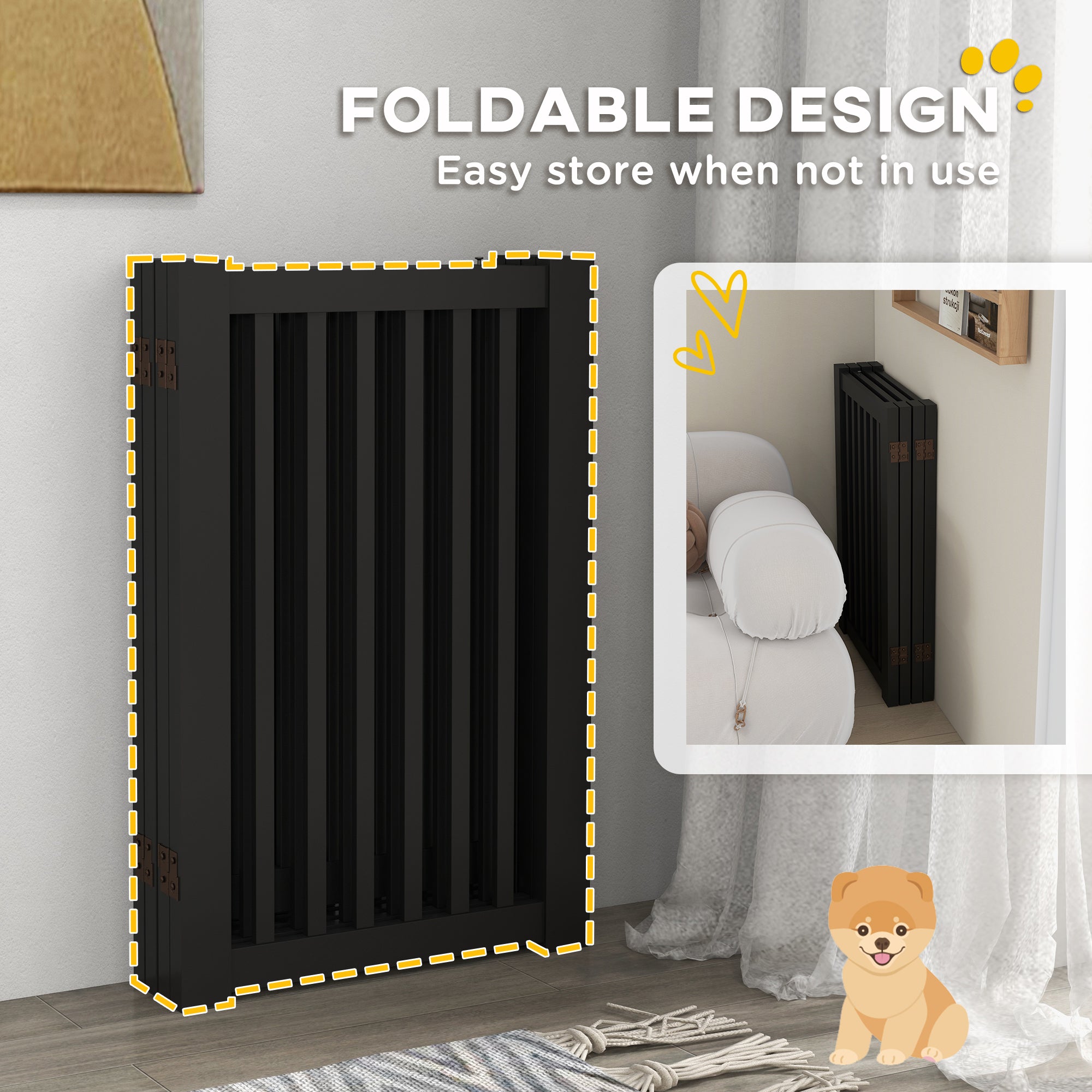 30"H Foldable Dog Gate with Door, 4 Panels Freestanding Pet Gate Barriers Indoor with Support Feet, Puppy Fence for Dogs, Light Grey