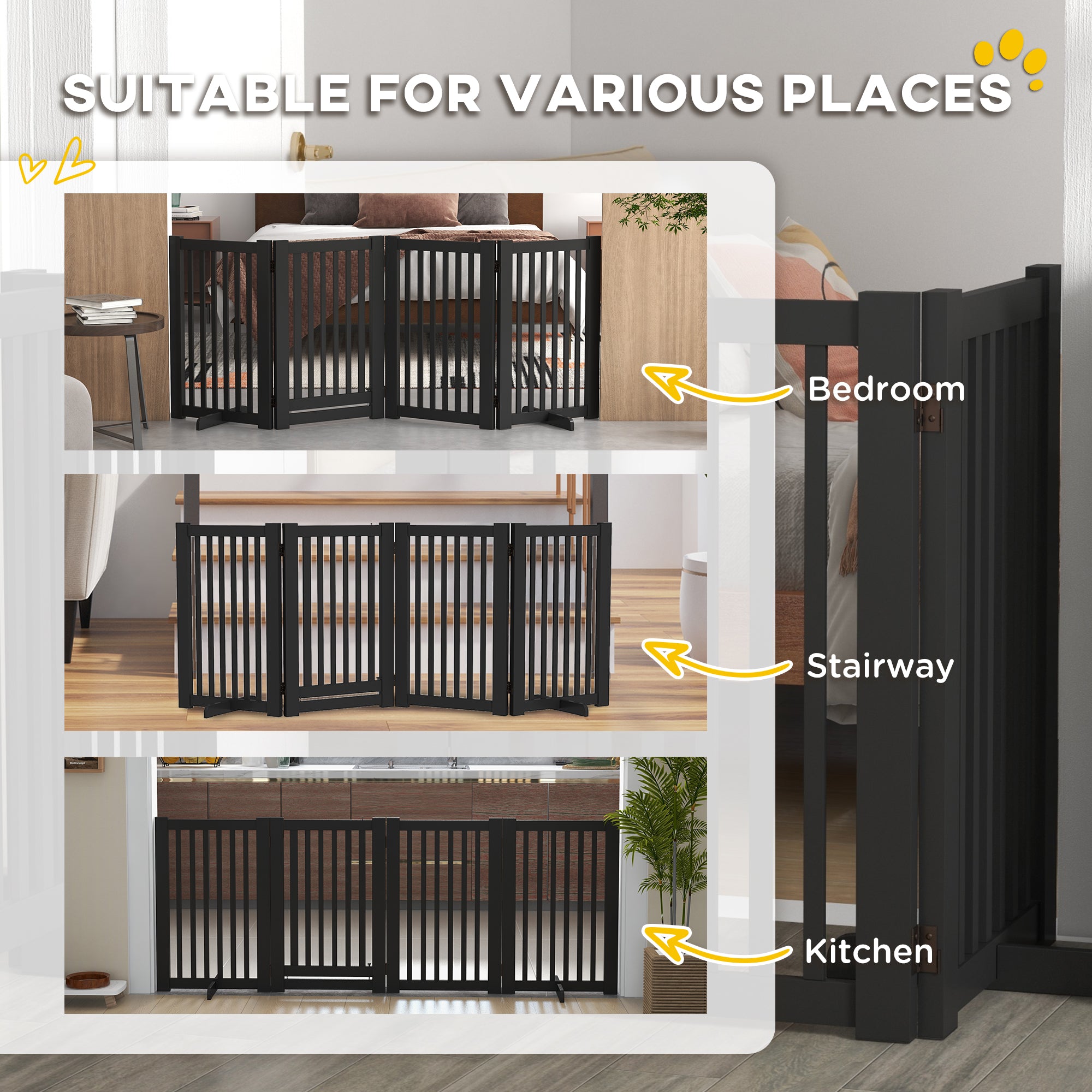 30"H Foldable Dog Gate with Door, 4 Panels Freestanding Pet Gate Barriers Indoor with Support Feet, Puppy Fence for Dogs, Light Grey