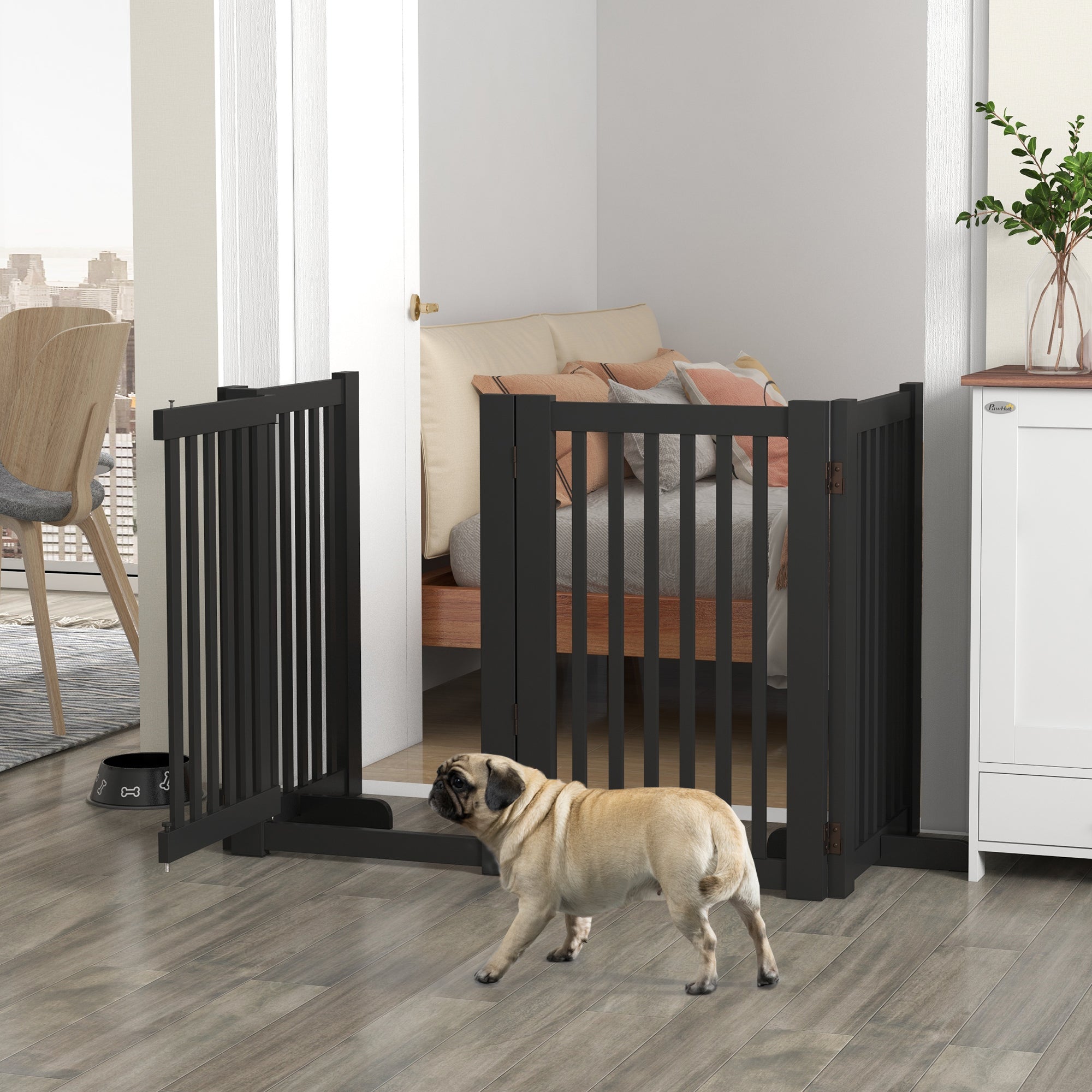30"H Foldable Dog Gate with Door, 4 Panels Freestanding Pet Gate Barriers Indoor with Support Feet, Puppy Fence for Dogs, Light Grey