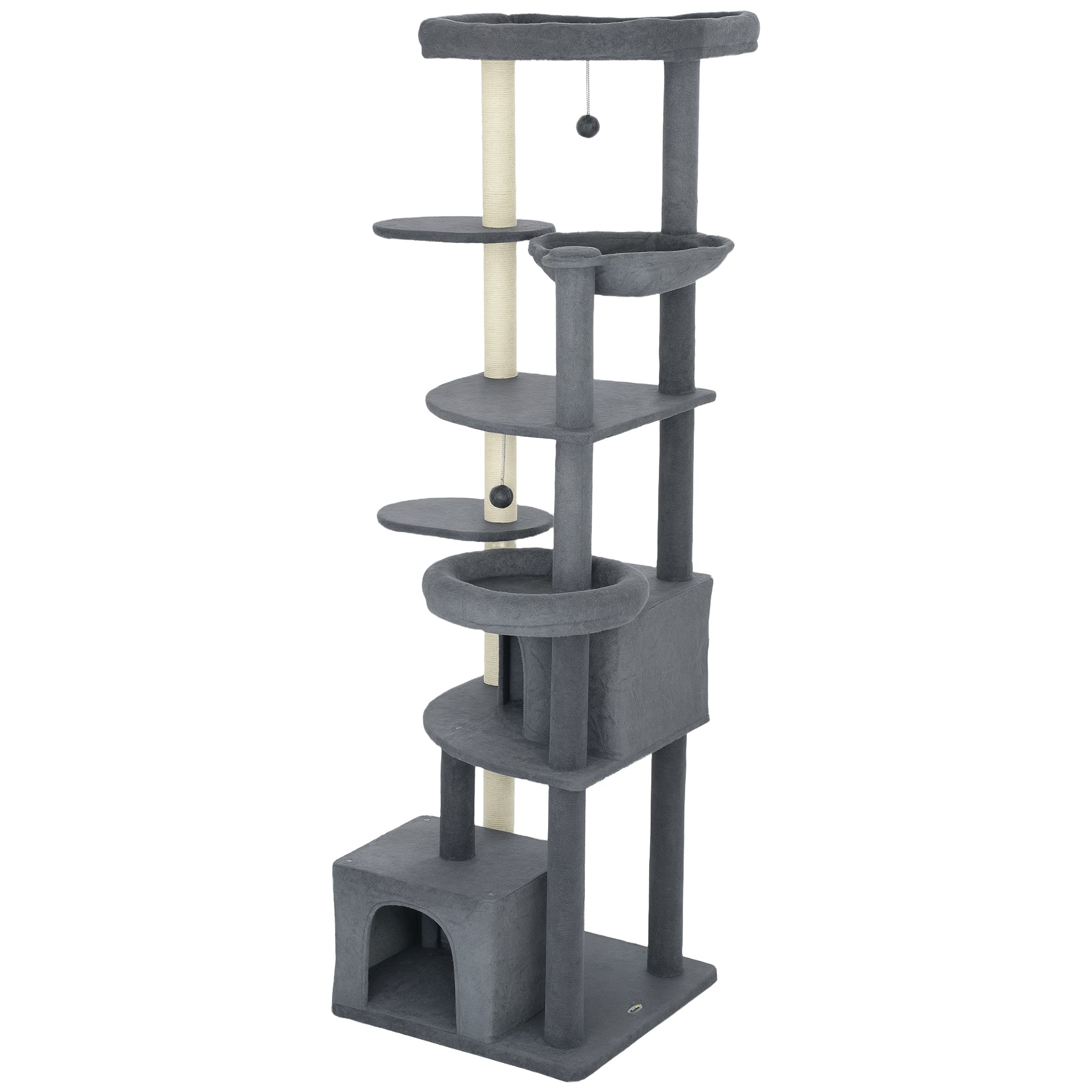 79 Inch Cat Tree, Extra Tall Large Cat Tower with Scratching Posts, 2 Perches, 2 Caves, Large Hammock, Pompoms, Multi-Level Plush Kitty Condo for Multiple Indoor Kittens