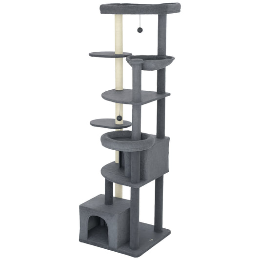 79 Inch Cat Tree, Extra Tall Large Cat Tower with Scratching Posts, 2 Perches, 2 Caves, Large Hammock, Pompoms, Multi-Level Plush Kitty Condo for Multiple Indoor Kittens