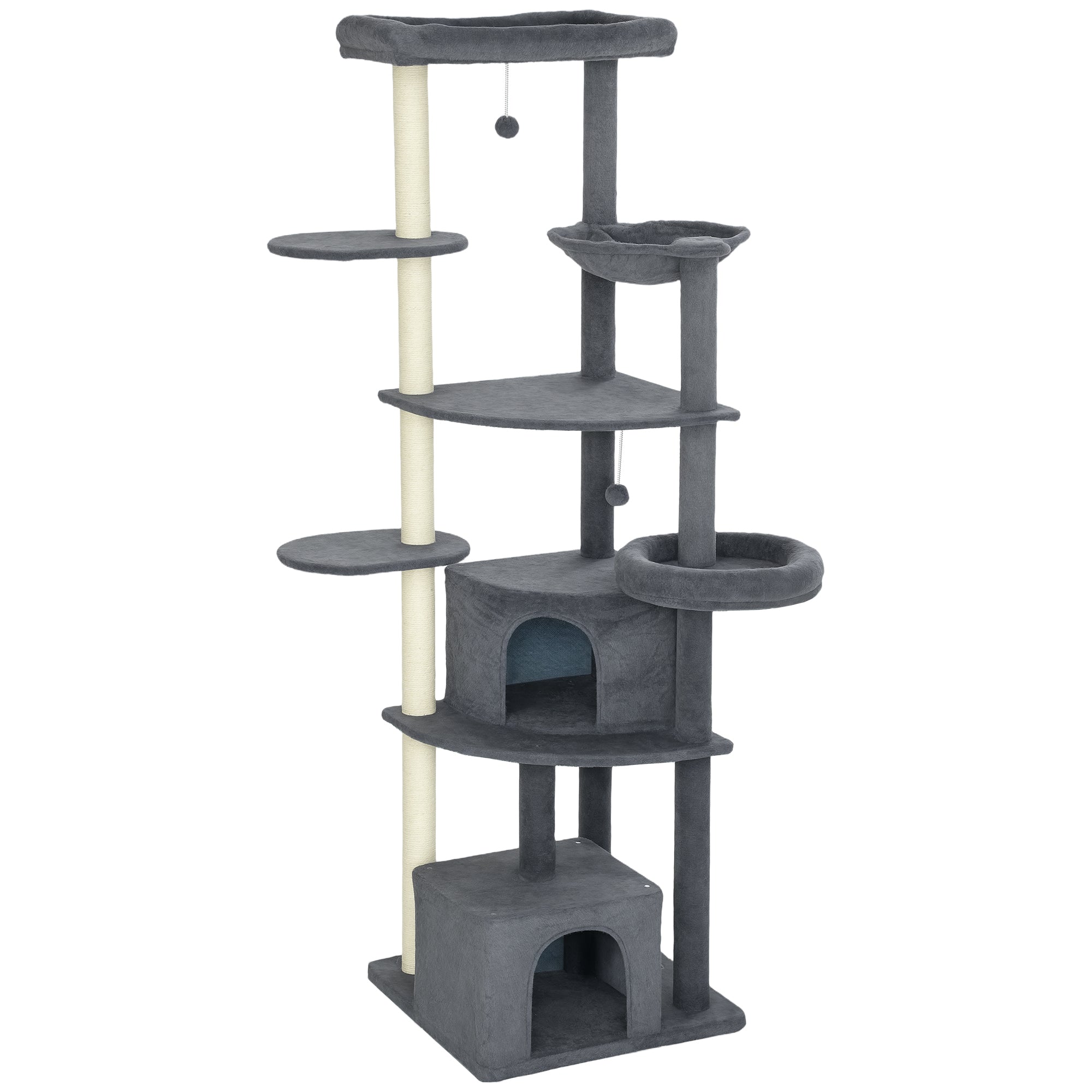 79 Inch Cat Tree, Extra Tall Large Cat Tower with Scratching Posts, 2 Perches, 2 Caves, Large Hammock, Pompoms, Multi-Level Plush Kitty Condo for Multiple Indoor Kittens