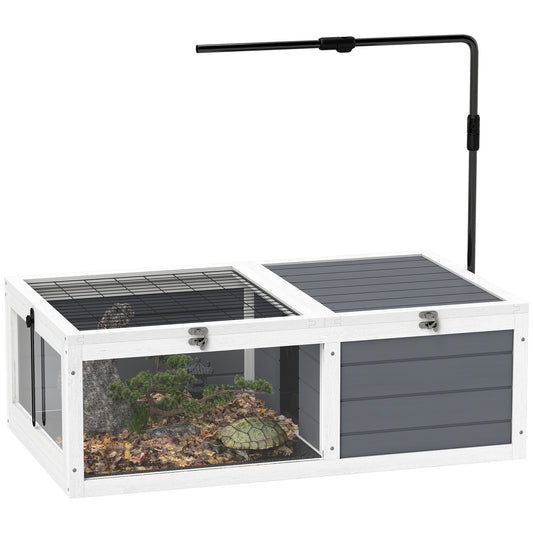 Tortoise House, Wooden Tortoise Table, Tortoise Enclosure with Adjustable Lamp Holder, Openable Lids, Pull-Out Trays - Grey