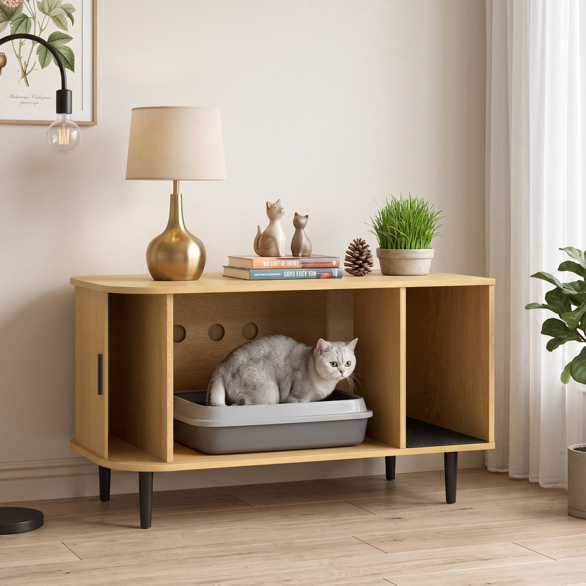 Cat Litter Box Enclosure with Sliding Door, Litter Mat, Hidden Litter Box Enclosure Furniture, Modern Cat House, TV Stand, Side End Table for Living Room