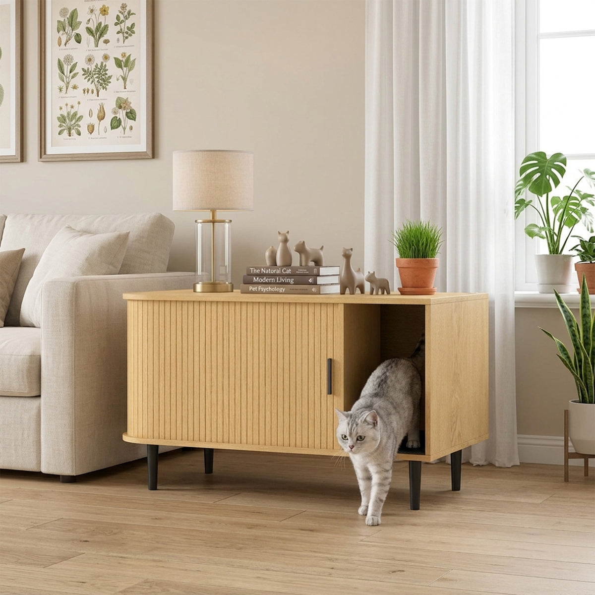 Cat Litter Box Enclosure with Sliding Door, Litter Mat, Hidden Litter Box Enclosure Furniture, Modern Cat House, TV Stand, Side End Table for Living Room
