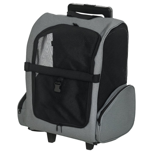 Pet Travel Backpack Bag Cat Puppy Dog Carrier w/ Trolley and Telescopic Handle Portable Stroller Wheel Luggage Bag (Grey)