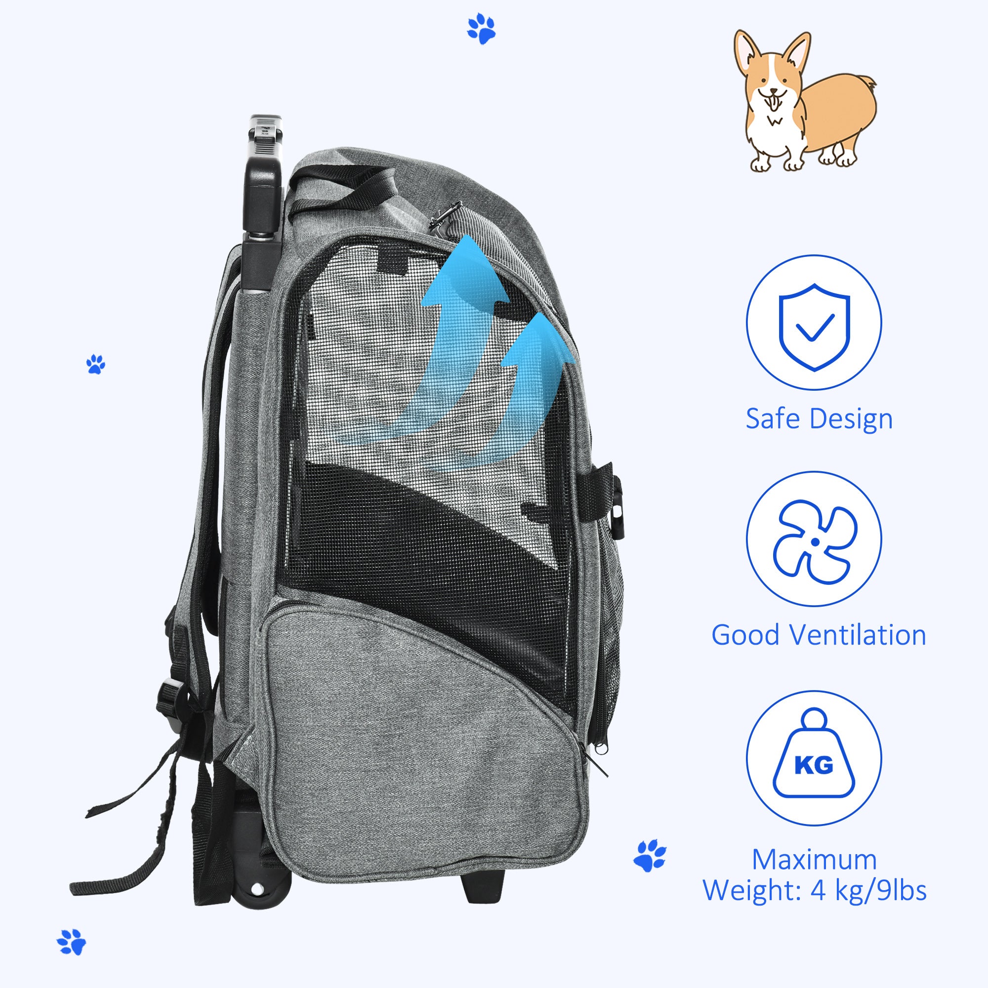 Pet Travel Backpack Bag Cat Puppy Dog Carrier w/ Trolley and Telescopic Handle Portable Stroller Wheel Luggage Bag (Grey)