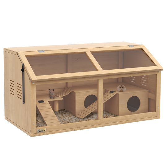 Wooden Hamster Cage, 33.5"L Hamster Habitat, Small Animal Cage for Syrian Drawf Hamster Gerbils Mice with Suspension Bridge, Ladders, Openable Top, Platform, Natural Wood
