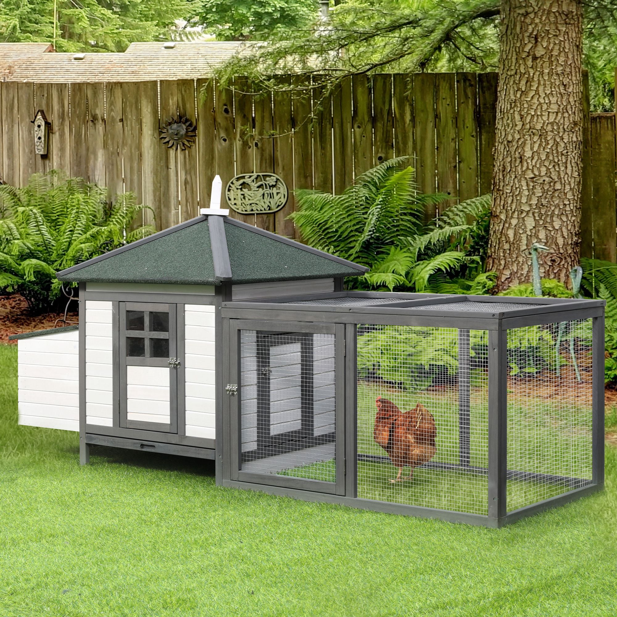 Chicken Coop with Chicken Run, Outdoor Hen House Poultry Cage with Nesting Box, Openable Top, 196 x 76 x 97cm, Grey