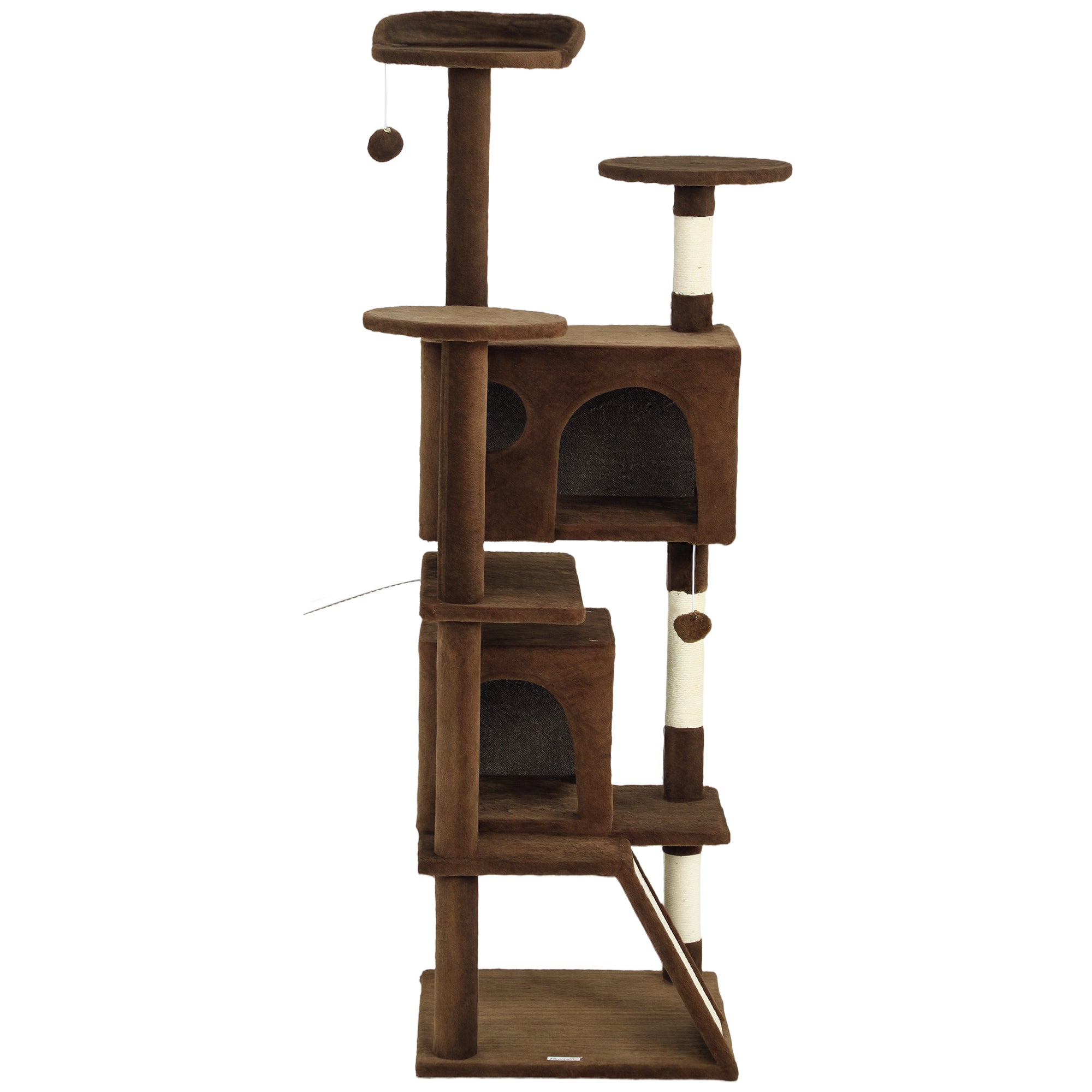 63" Cat Tree, Cat Tower for Indoor Cats with Scratching Posts, Cat Condos, Bed, Platforms, Ramp, Toy Ball, Cat Activity Center, Light Brown