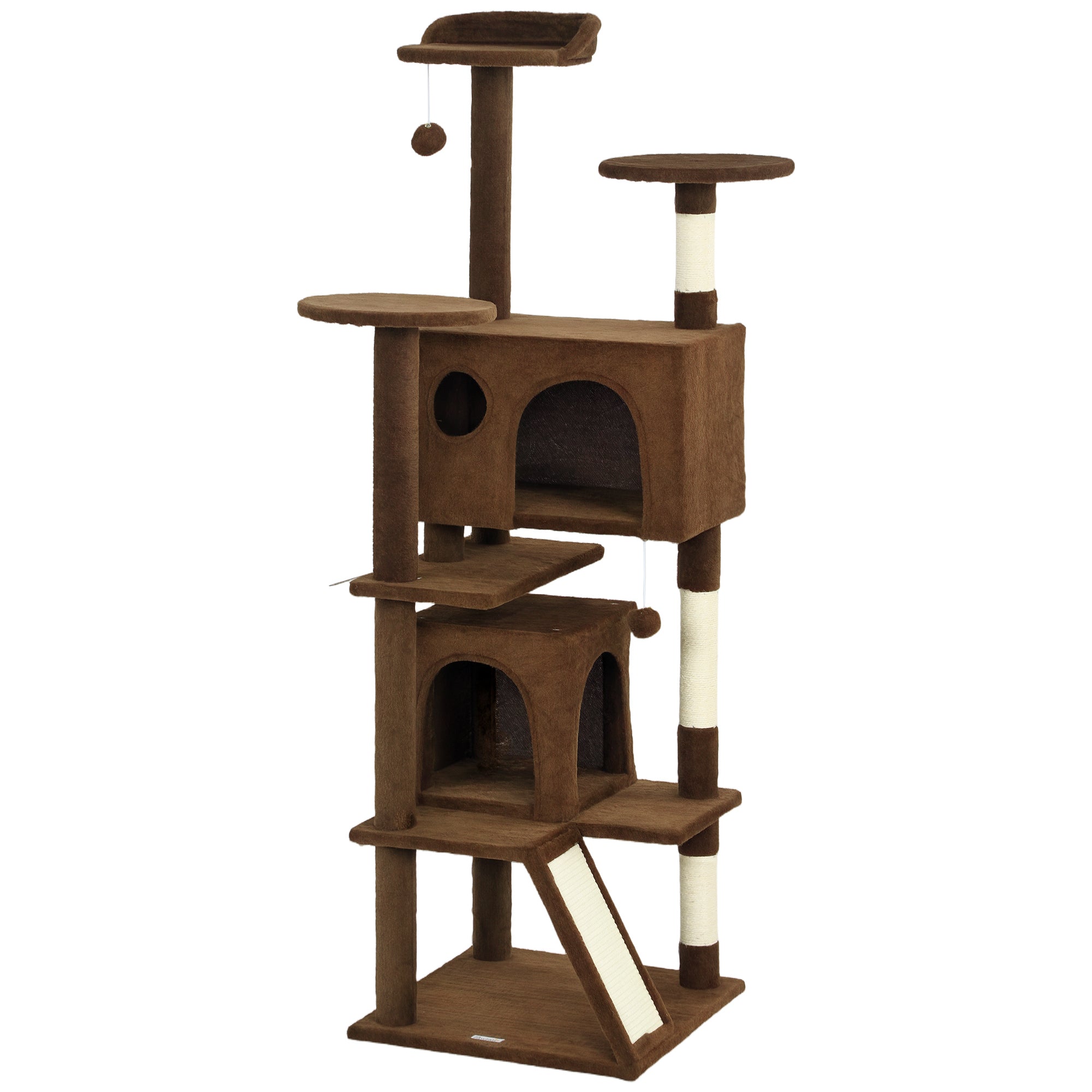 63" Cat Tree, Cat Tower for Indoor Cats with Scratching Posts, Cat Condos, Bed, Platforms, Ramp, Toy Ball, Cat Activity Center, Light Brown