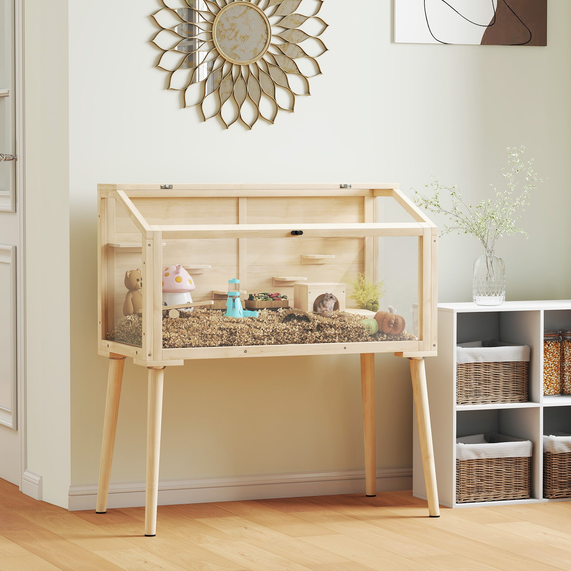Wooden Hamster Cage, Gerbil Cage with Openable Top, Seesaws, Platforms, Water Bottle, Hamster Habitat with Transparent Viewing for Syrian, Dwarf, Rats, 43.3" x 20.5" x 39.8"