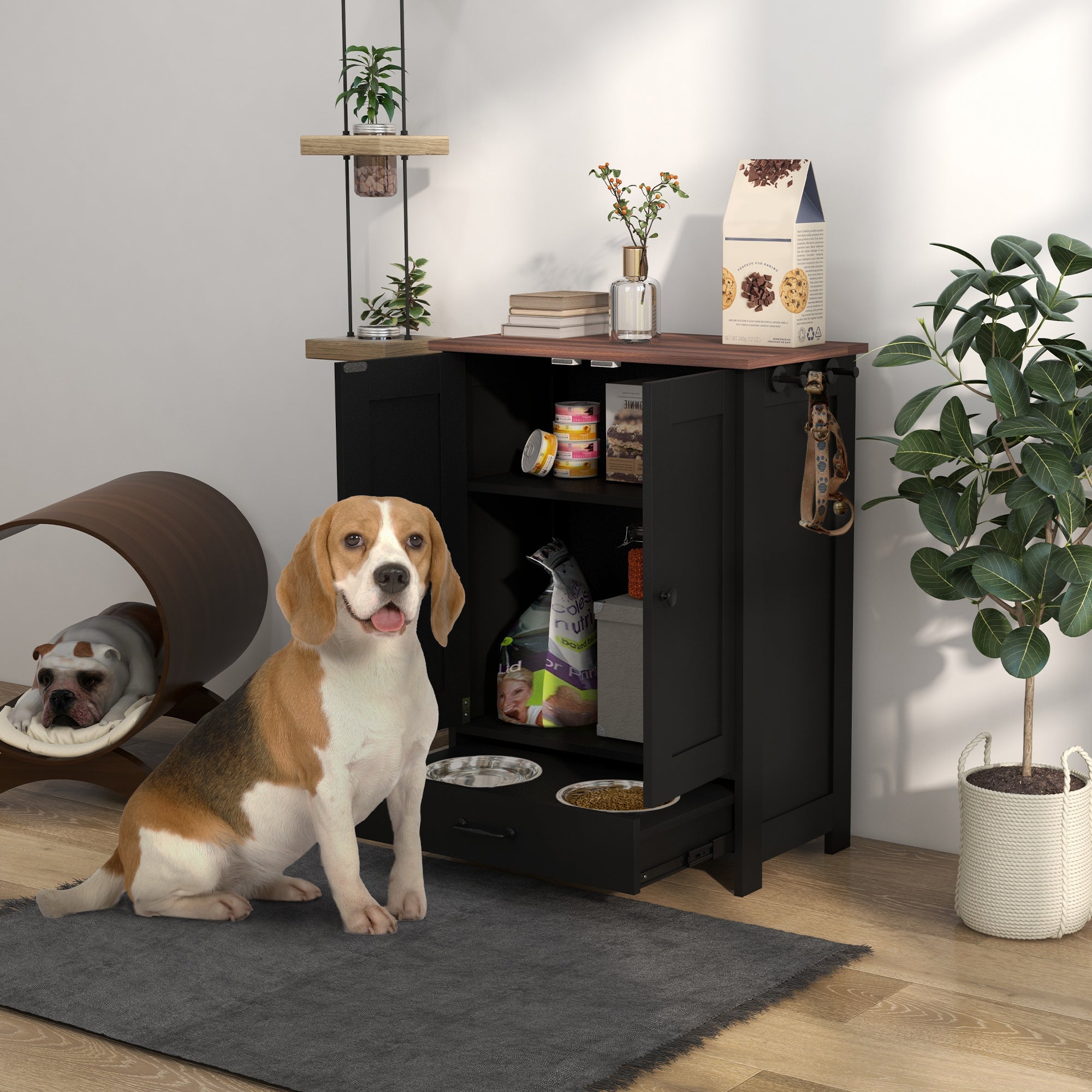 Pet Feeding Station with Storage, Dog Feeding Station with Raised Dog Bowls, Adjustable Panel, Hooks, Pet Food Storage Cabinet, Black