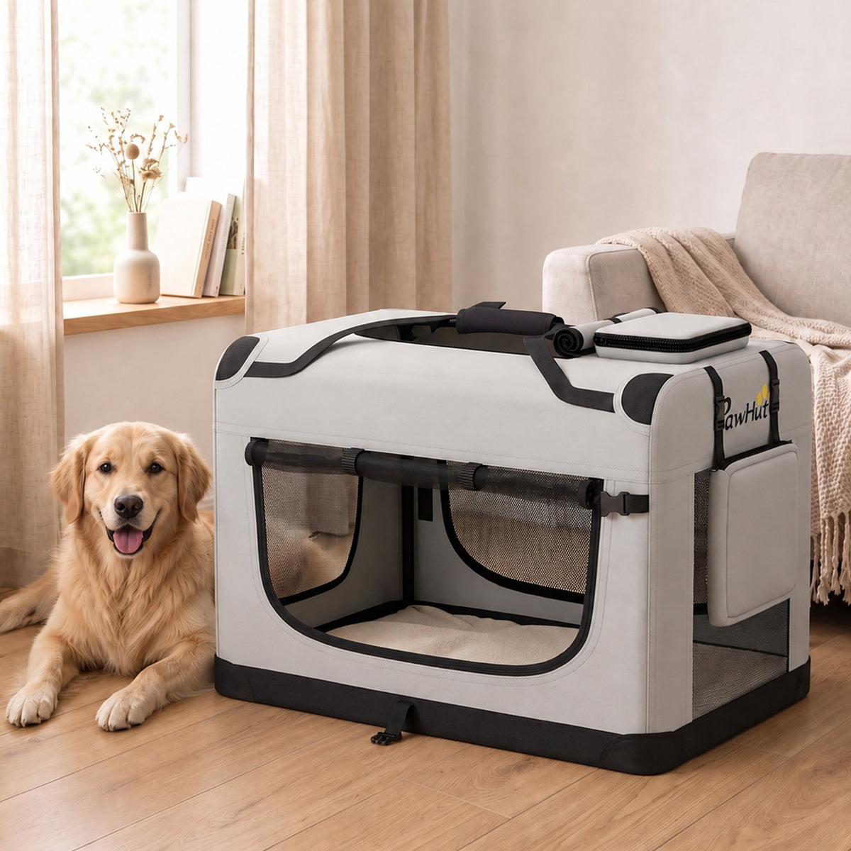 Pet Carrier Bag, Soft-Sided Dog Carrier for Extra Large Dogs, Portable Pet Travel Bag with Security Buckle Strap, Mesh Windows, Washable Cushion and Bowl, Light Grey