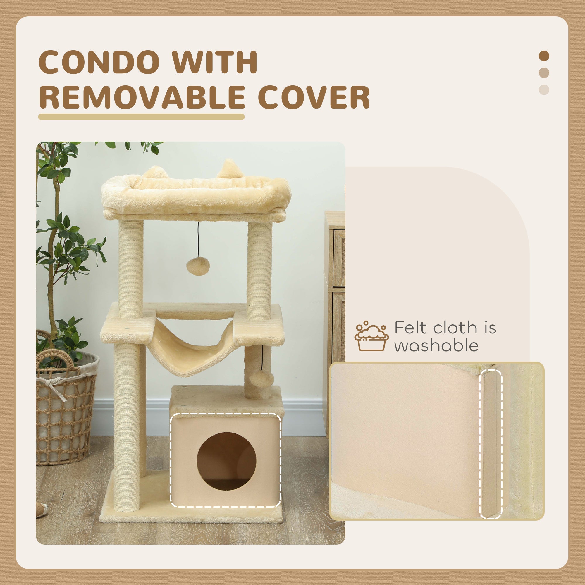 Cat Tree, 90cm Cat Tower with Sisal Scratching Posts, Cat Condo, Hammock, Top Perch and 2 Hanging Toys for Indoor Cats, Beige