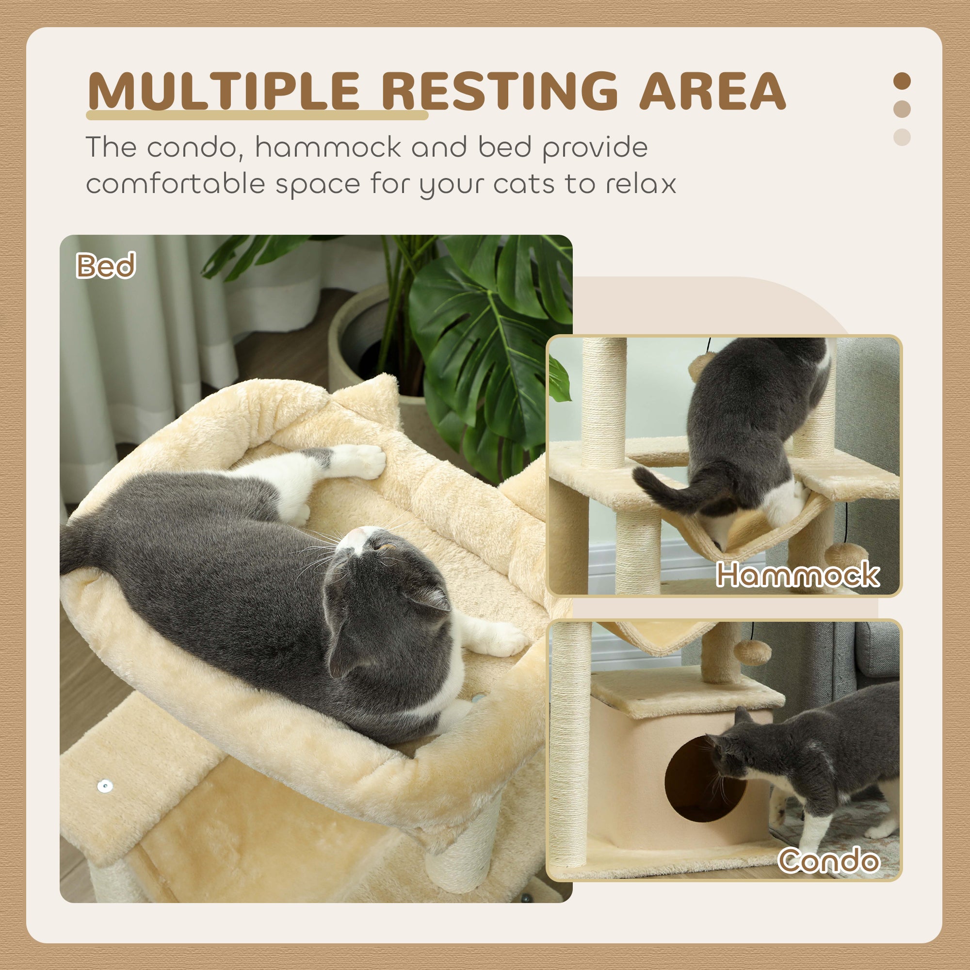 Cat Tree, 90cm Cat Tower with Sisal Scratching Posts, Cat Condo, Hammock, Top Perch and 2 Hanging Toys for Indoor Cats, Beige
