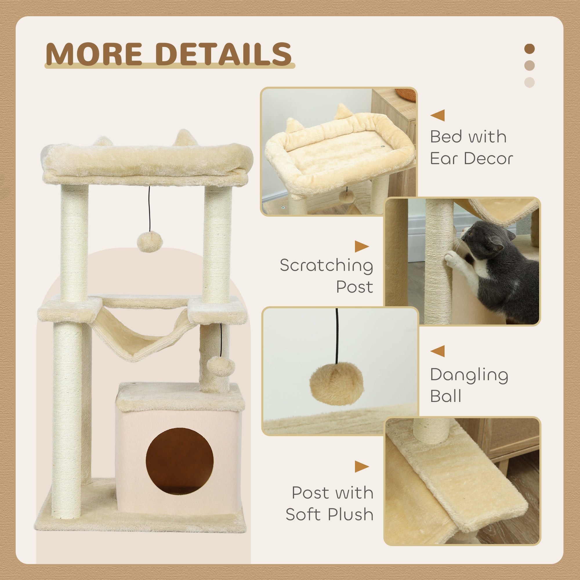 Cat Tree, 90cm Cat Tower with Sisal Scratching Posts, Cat Condo, Hammock, Top Perch and 2 Hanging Toys for Indoor Cats, Beige