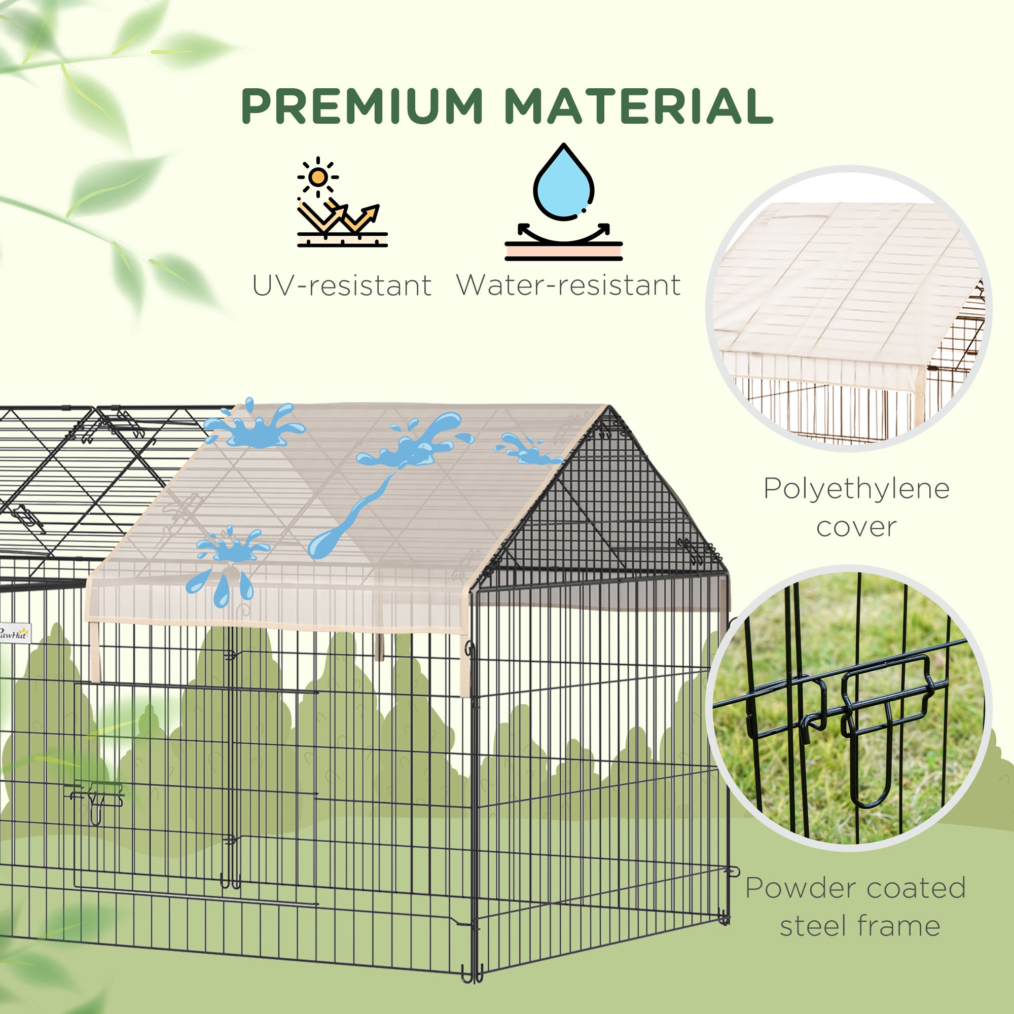 Rabbit Run Playpen, Guinea Pig Cage with Pitched Roof, Sun Protection Cover, 220 x 103 x 103 cm, Metal Enclosure for Small Animals, Chickens, Ferrets, Beige
