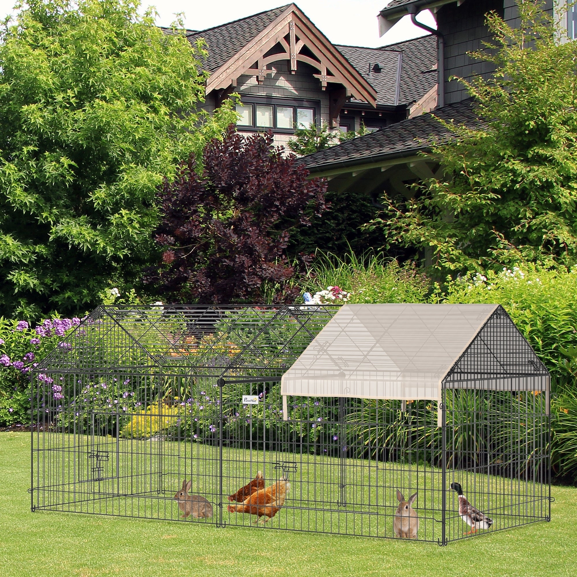 PawHut Rabbit Run Playpen, Guinea Pig Cage with Pitched Roof, Sun ...