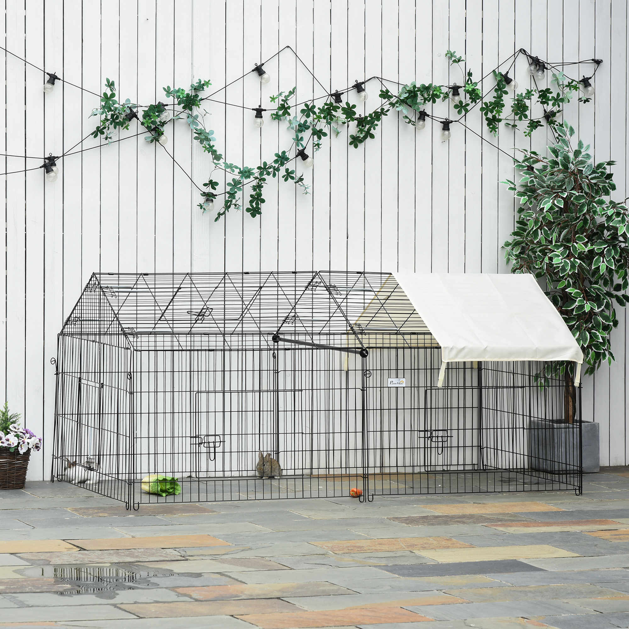 Rabbit Run Playpen, Guinea Pig Cage with Pitched Roof, Sun Protection Cover, 220 x 103 x 103 cm, Metal Enclosure for Small Animals, Chickens, Ferrets, Beige