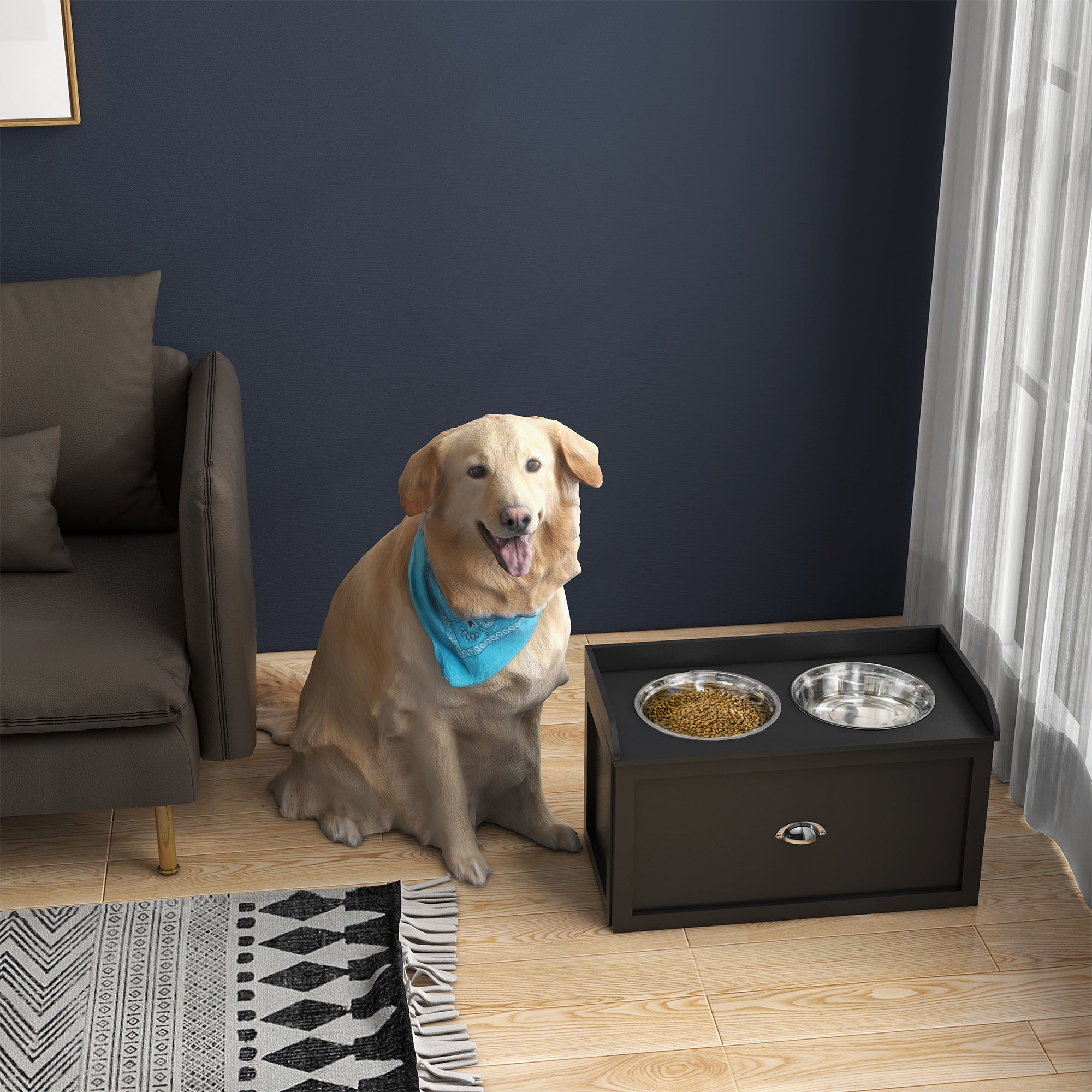 Stainless Steel Raised Dog Bowls, Double Dog Food and Water Bowl w/ 21L Storage Drawer, for Large Dogs - Black
