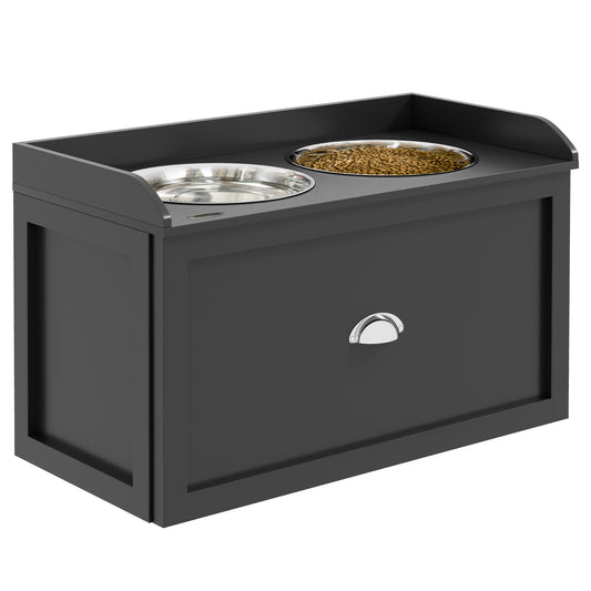 Elevated Dog Bowls for Large Dogs, Raised Pet Feeding Station with 2 Stainless Steel Bowls, Hidden Storage Drawer, Wood Stand for Cats, Black