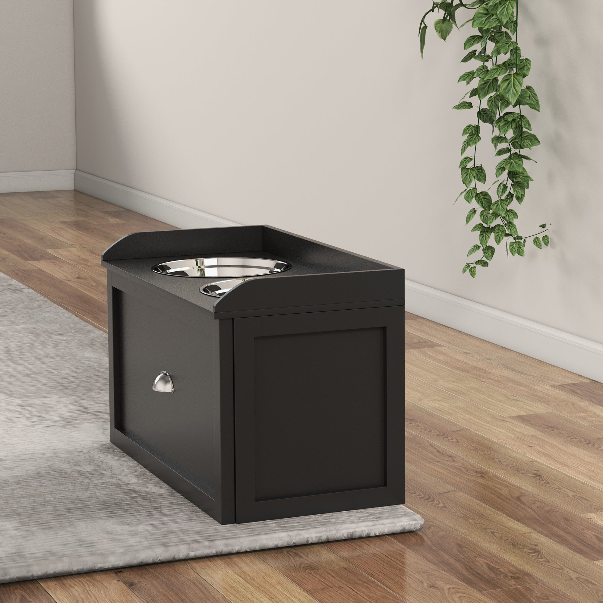 Stainless Steel Raised Dog Bowls, Double Dog Food and Water Bowl w/ 21L Storage Drawer, for Large Dogs - Black