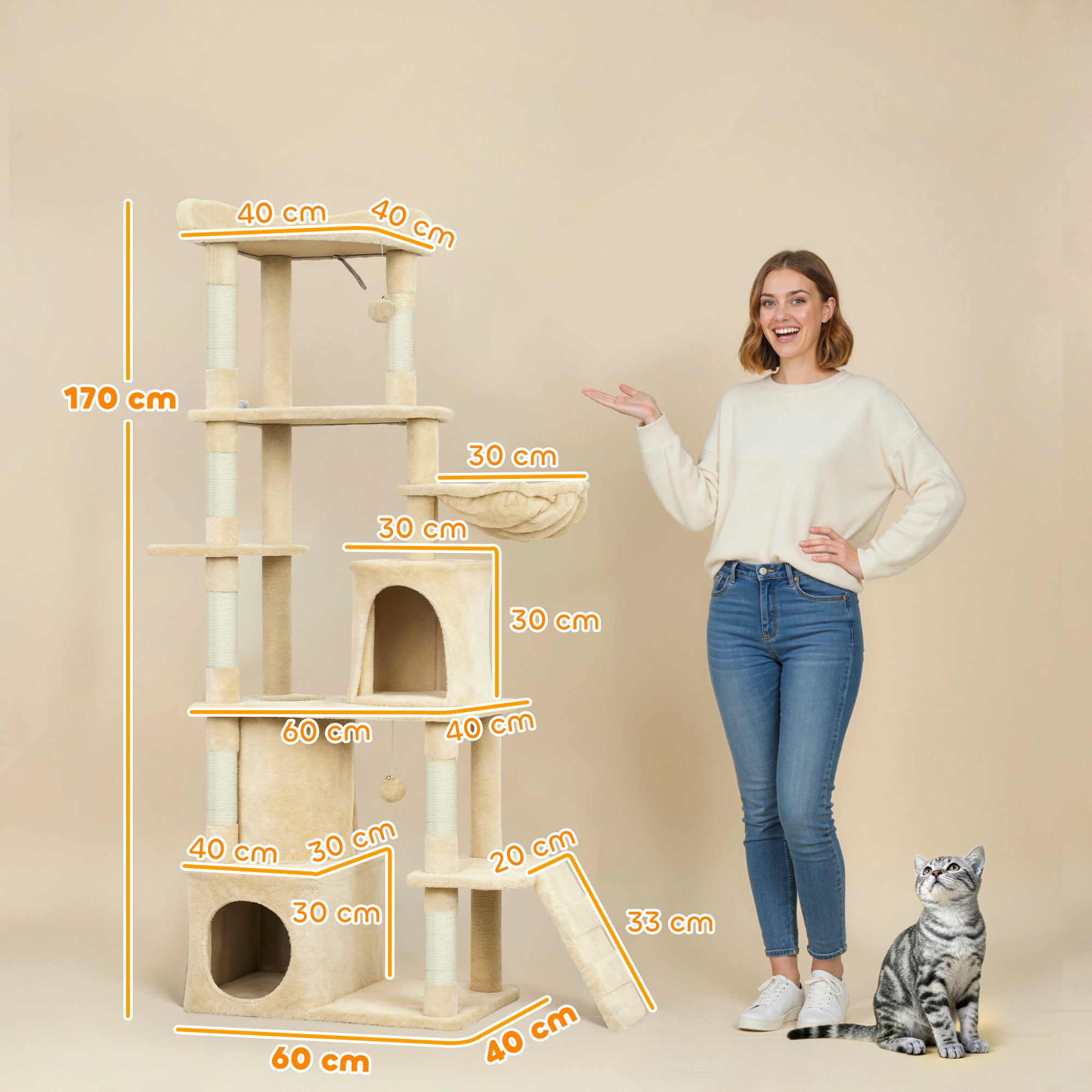 Cat Tree, 67" Large Cat Tower for Indoor Kittens Multi-Level with 7 Scratching Posts, Tunnel, 2 Plush Condos, Hammock, Perch, Ramp, Pompoms, Beige