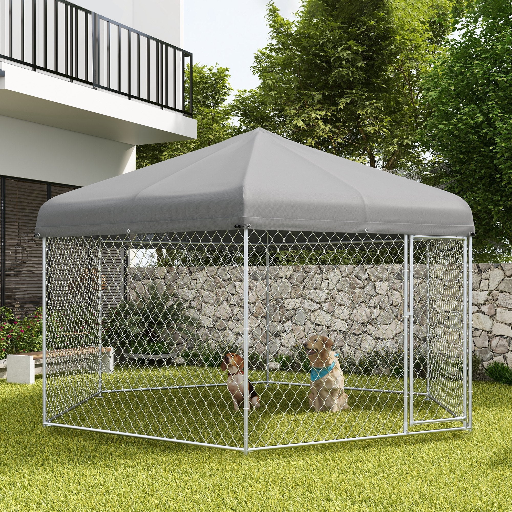 Outdoor Dog Kennel Dog Run with Waterproof, UV Resistant Cover for Medium and Large Sized Dogs, 13.4' x 11.5' x 8.8', Silver