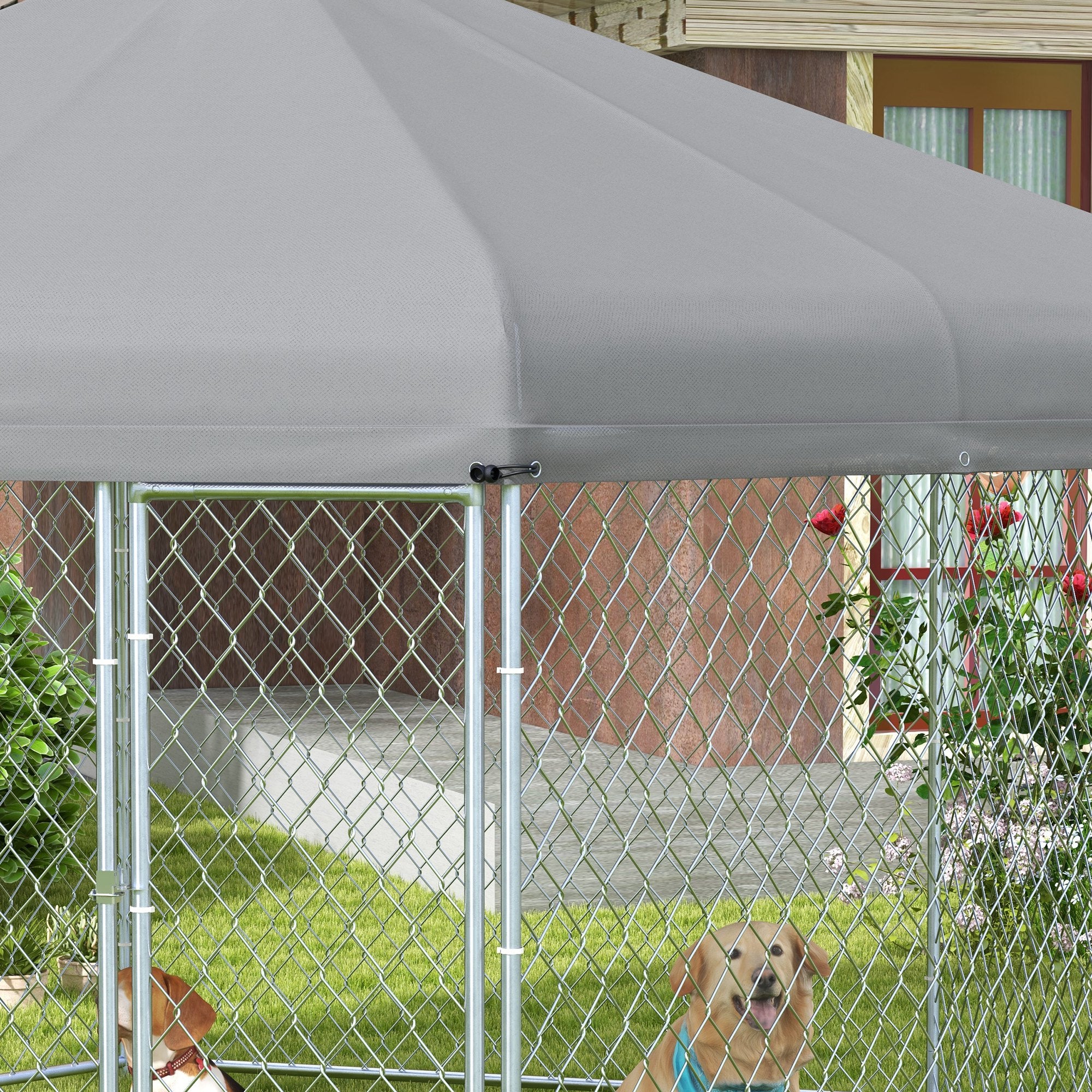 Outdoor Dog Kennel Dog Run with Waterproof, UV Resistant Cover for Medium and Large Sized Dogs, 13.4' x 11.5' x 8.8', Silver