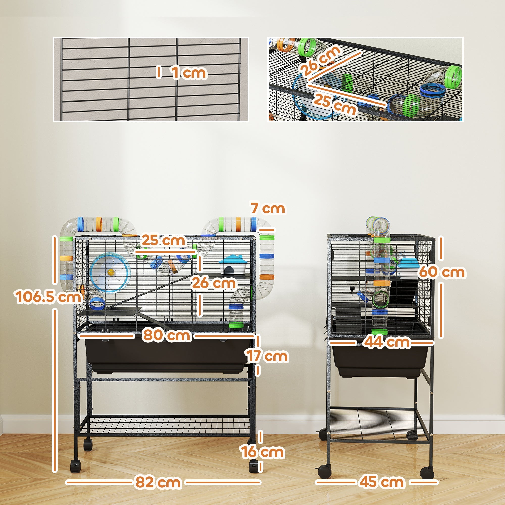 PawHut 3-Tier Hamster Cage with Wheels & Deep Tray for Syrian Hamsters