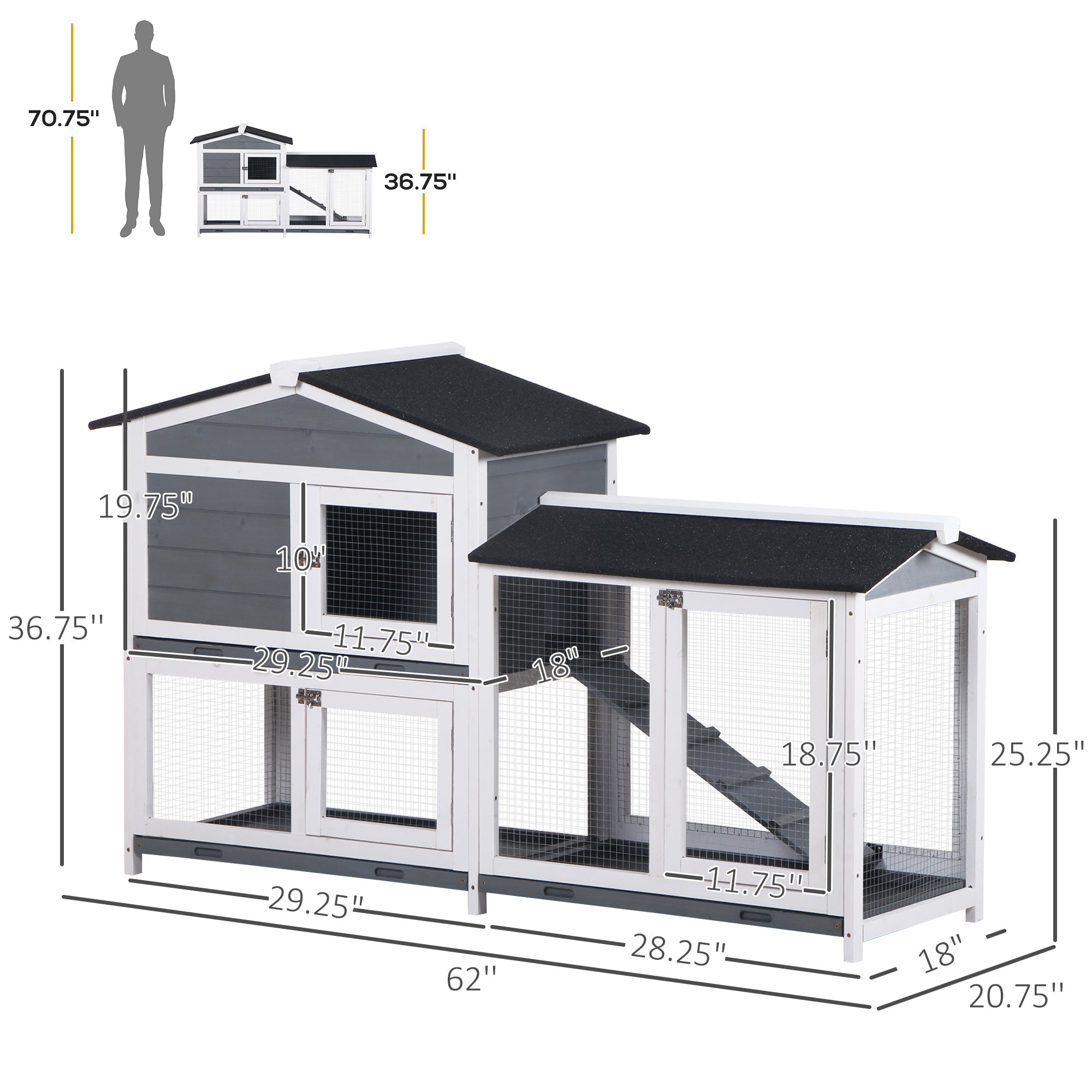 PawHut 62" Rabbit Hutch, Wooden Bunny Hutch, Guinea Pig Cage, Small Animal Enclosure with Run Area, Removable Tray, Asphalt Roof, Lockable Doors and Ramp, Gray