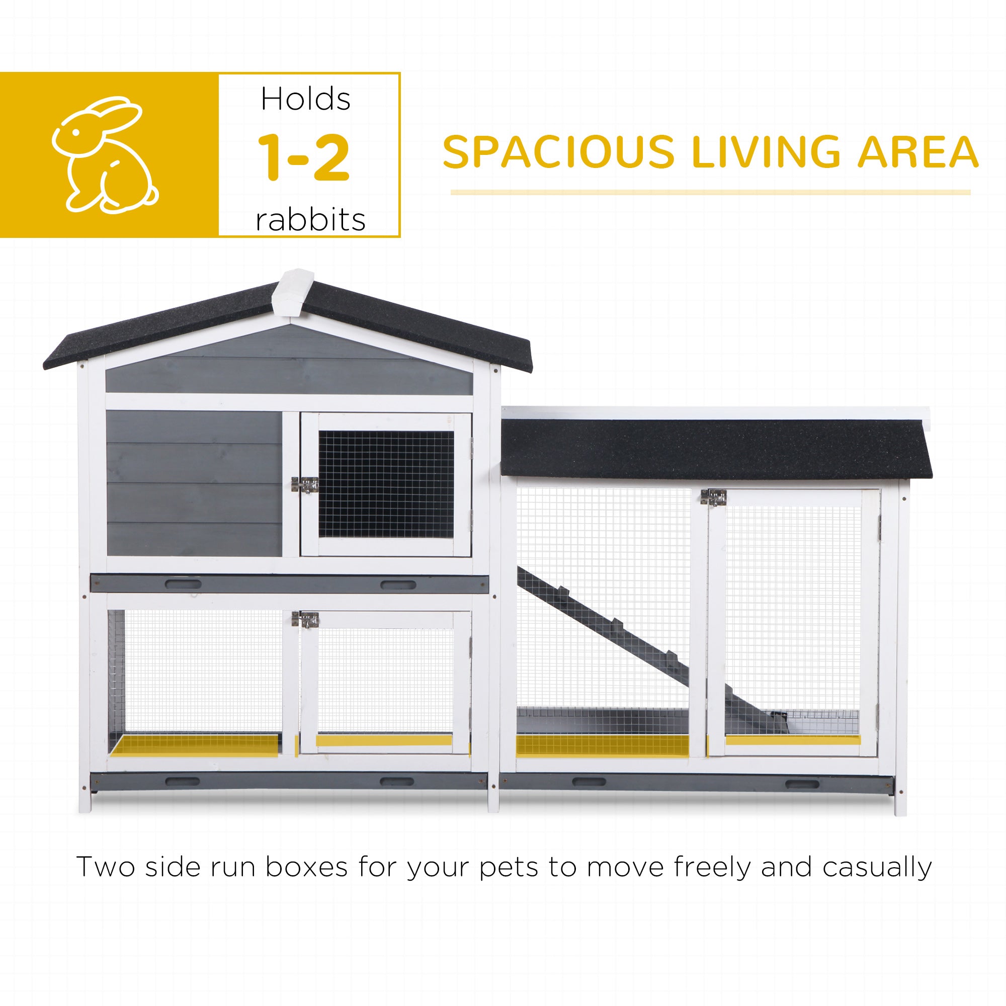 2-tier Wood Rabbit Hutch Backyard Bunny Cage Small Animal House w/ Ramp and Outdoor Run, Grey