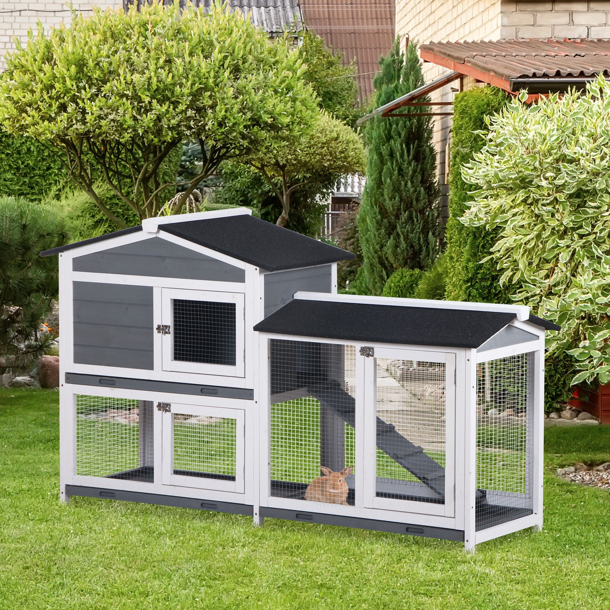 2-tier Wood Rabbit Hutch Backyard Bunny Cage Small Animal House w/ Ramp and Outdoor Run, Grey