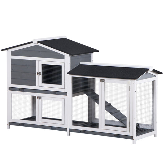 2-tier Wood Rabbit Hutch Backyard Bunny Cage Small Animal House w/ Ramp and Outdoor Run, Grey