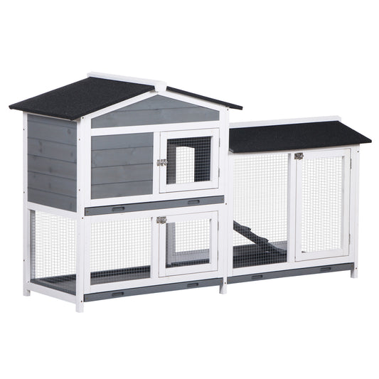 2-tier Wood Rabbit Hutch Backyard Bunny Cage Small Animal House w/ Ramp and Outdoor Run, Grey