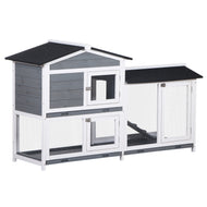 Rabbit Hutch Guinea Pig Hutch Wooden House with Run, 2 Tier Pet Cage Outdoor with No-leak Plastic Trays, 157.4 x 53 x 93.5cm, Grey