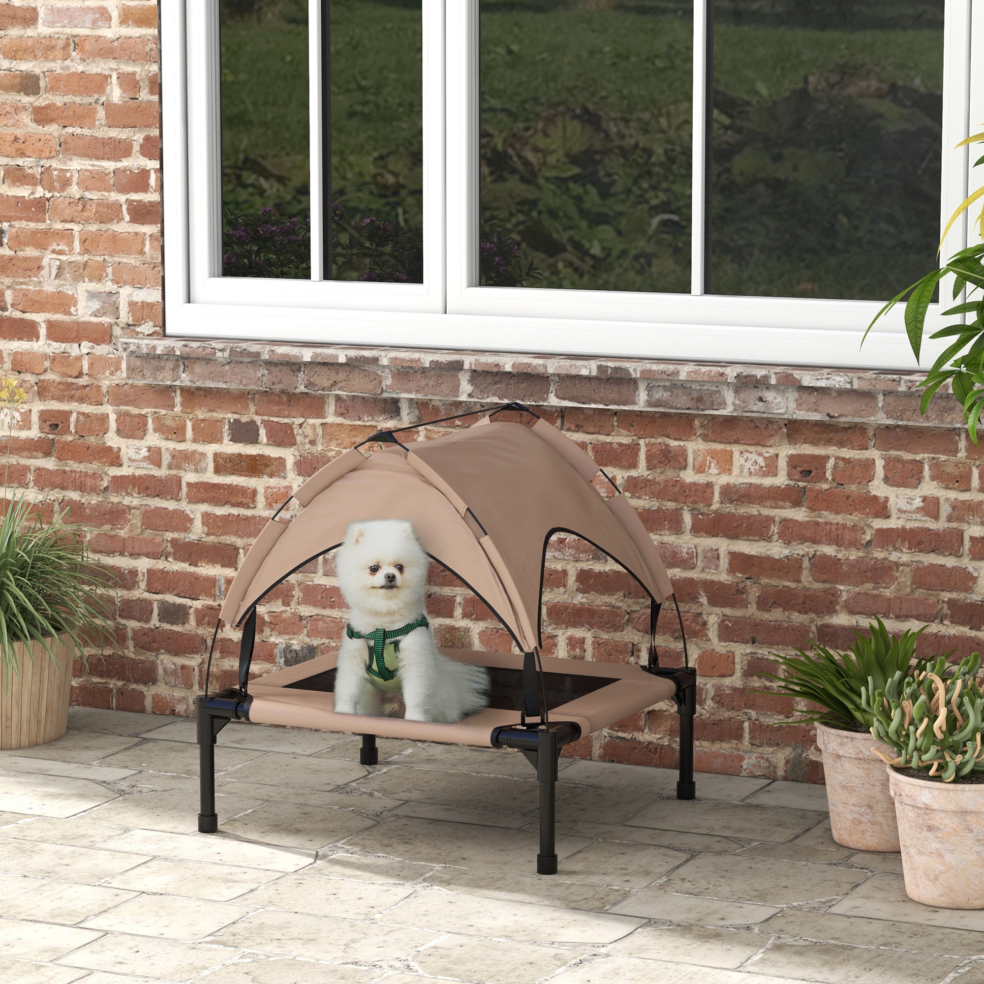 Elevated Dog Bed with Canopy, Cooling Dog Cot Bed for Camping, Portable Raised Pet Cot with Washable Breathable Mesh, for Indoor Outdoor, S & M Dogs, 30" x 24" x 27", Coffee