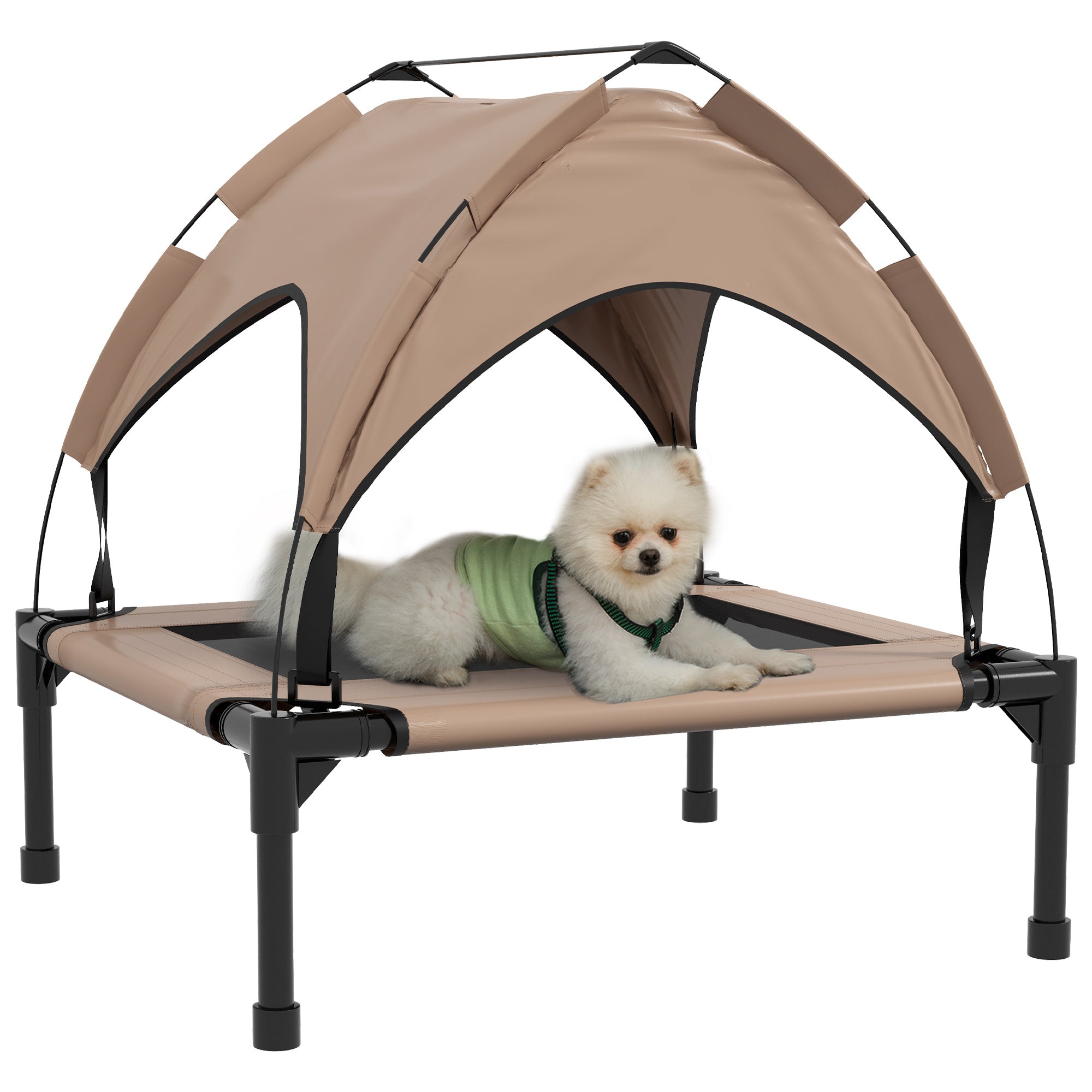 Elevated Dog Bed with Canopy, Cooling Dog Cot Bed for Camping, Portable Raised Pet Cot with Washable Breathable Mesh, for Indoor Outdoor, S & M Dogs, 30" x 24" x 27", Coffee