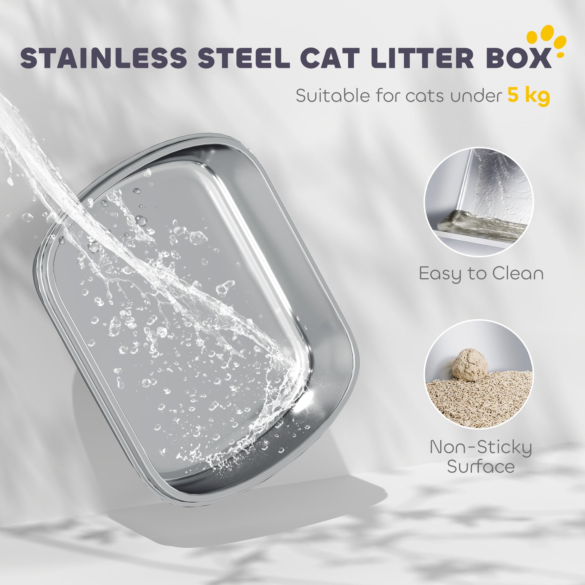 Stainless Steel Litter Box with Lid, Large Hooded Cat Litter Tray with Flip Cover, Metal Scoop, Deodoriser Bag, Non-Sticky, Odour Control and Easy Clean, White
