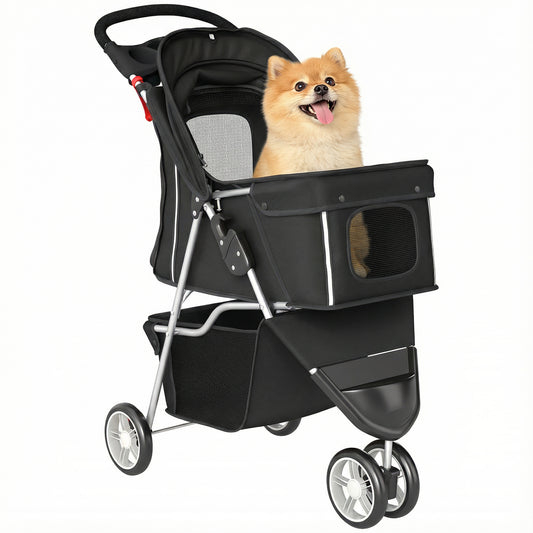 Dog Stroller, 3 Wheels Foldable Cat Dog Pram with Cup Holder, Storage Basket, Pet Stroller for Small Miniature Dogs, Black