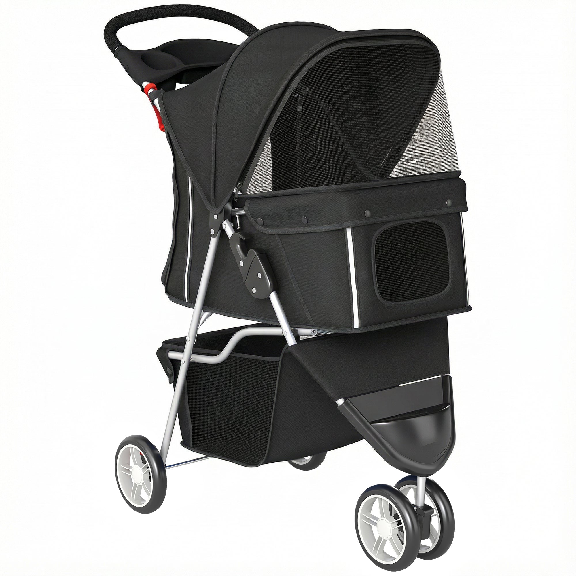 Dog Stroller, 3 Wheels Foldable Cat Dog Pram with Cup Holder, Storage Basket, Pet Stroller for Small Miniature Dogs, Black
