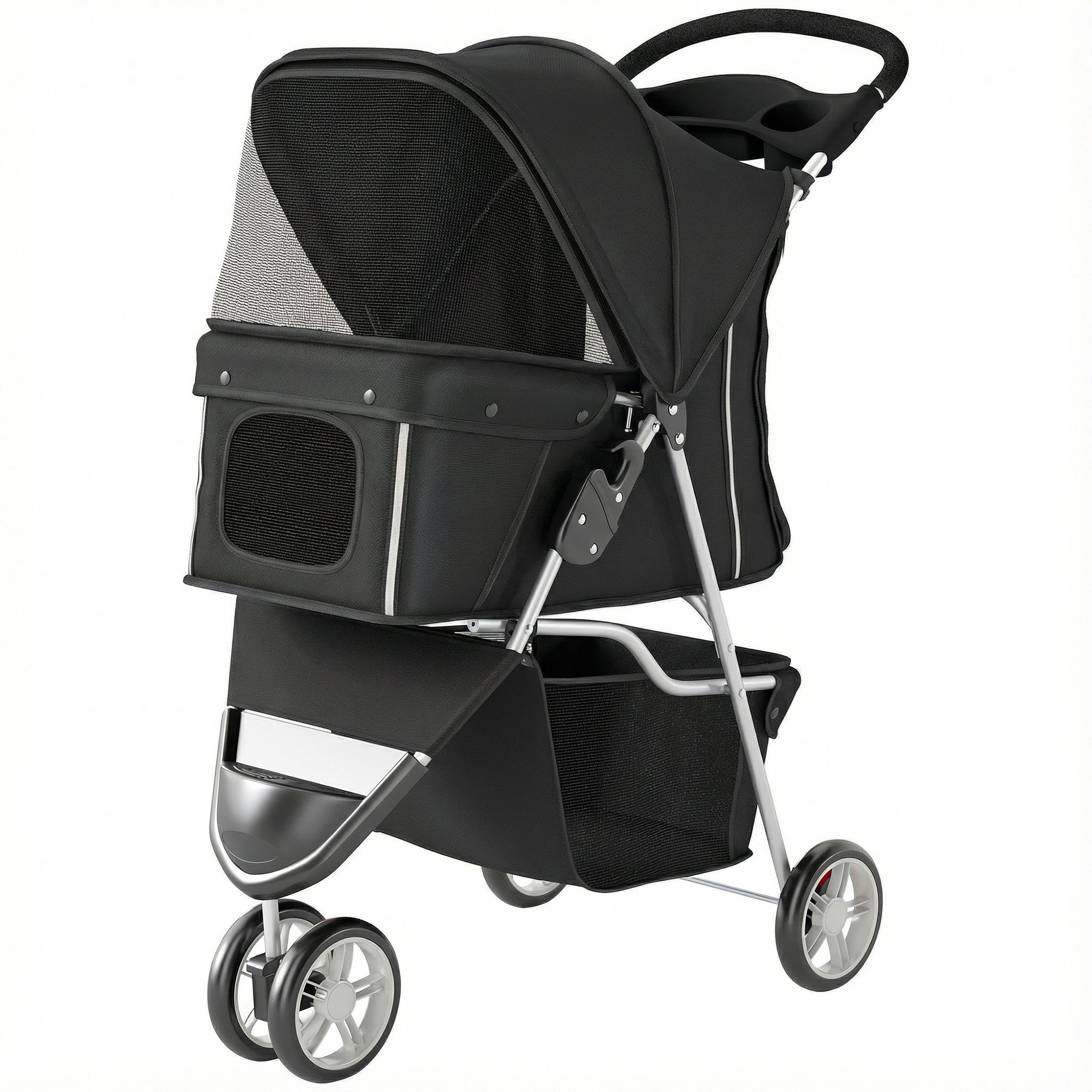 Dog Stroller, 3 Wheels Foldable Cat Dog Pram with Cup Holder, Storage Basket, Pet Stroller for Small Miniature Dogs, Black