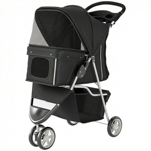 Dog Stroller, 3 Wheels Foldable Cat Dog Pram with Cup Holder, Storage Basket, Pet Stroller for Small Miniature Dogs, Black