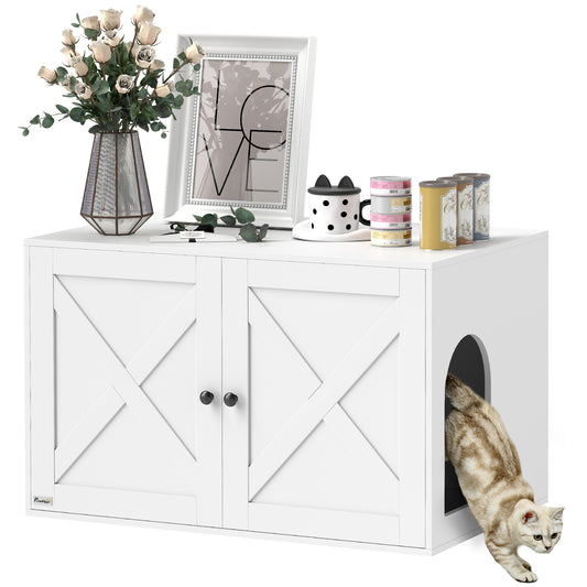 Cat Litter Box Enclosure, Hidden Washroom Furniture with Doors, Cat Hole, Handles, Indoor Pet House Side End Table Fit Most of Cat and Litter Box, 31.5" x 21" x 20", White